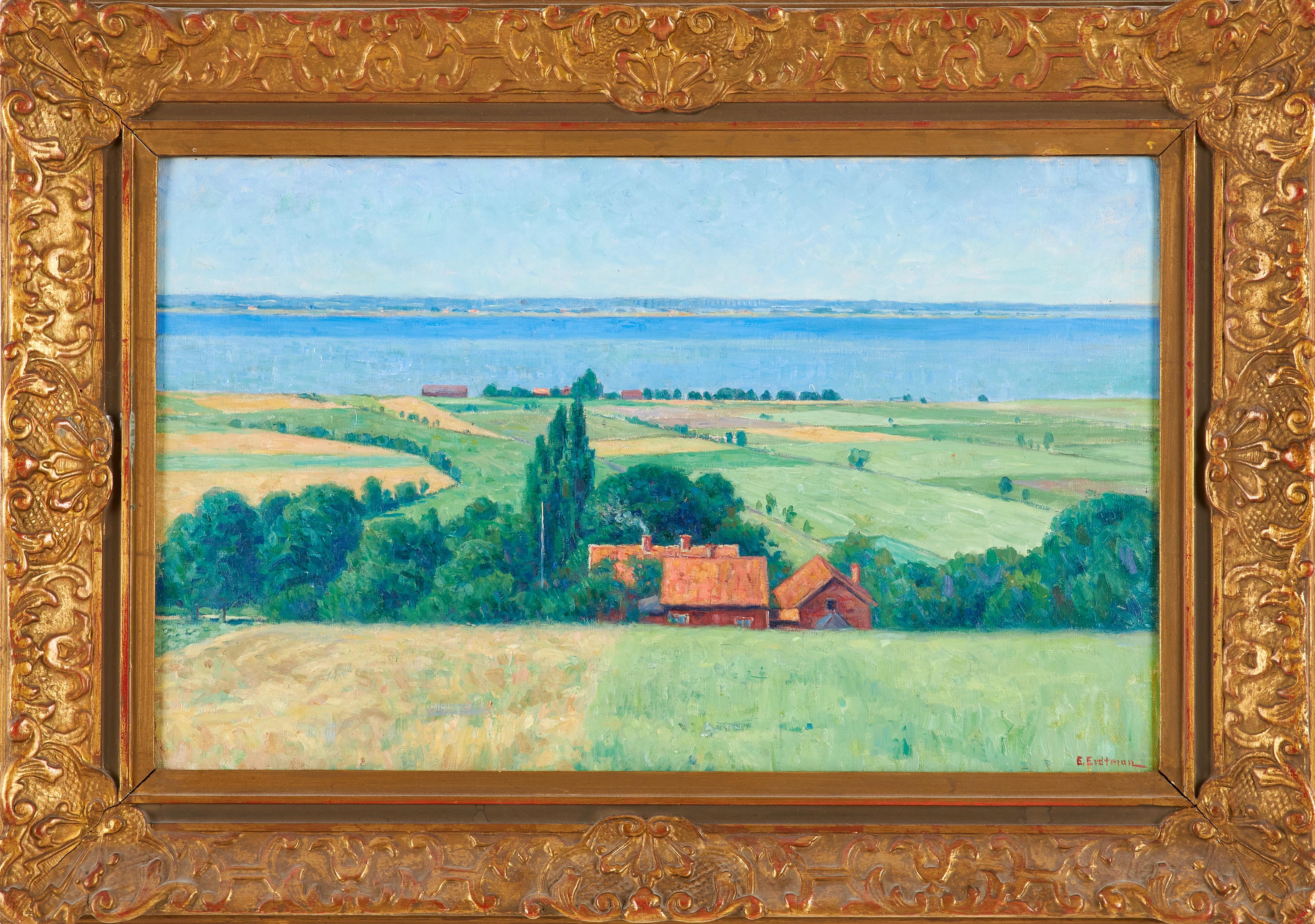 Summer Landscape and Lake and Farmhouse, Oil on Canvas, Signed, 1900