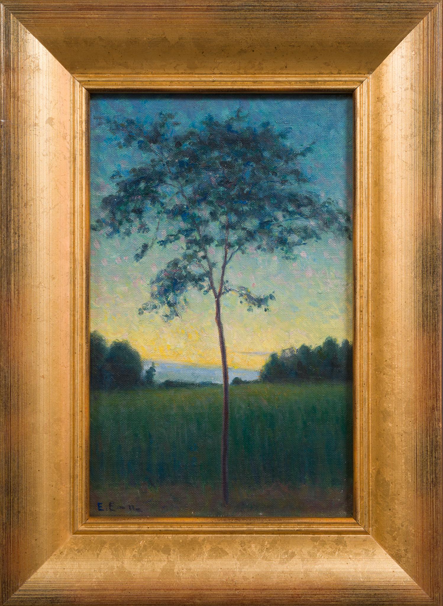 This painting called "Sunset over the Field" by Elias Erdtman captures the serene beauty of lonely tree standing proudly in the foreground against a backdrop of a lush green meadow, bathed in the warm glow of a setting sun. Measuring just 29.5 x