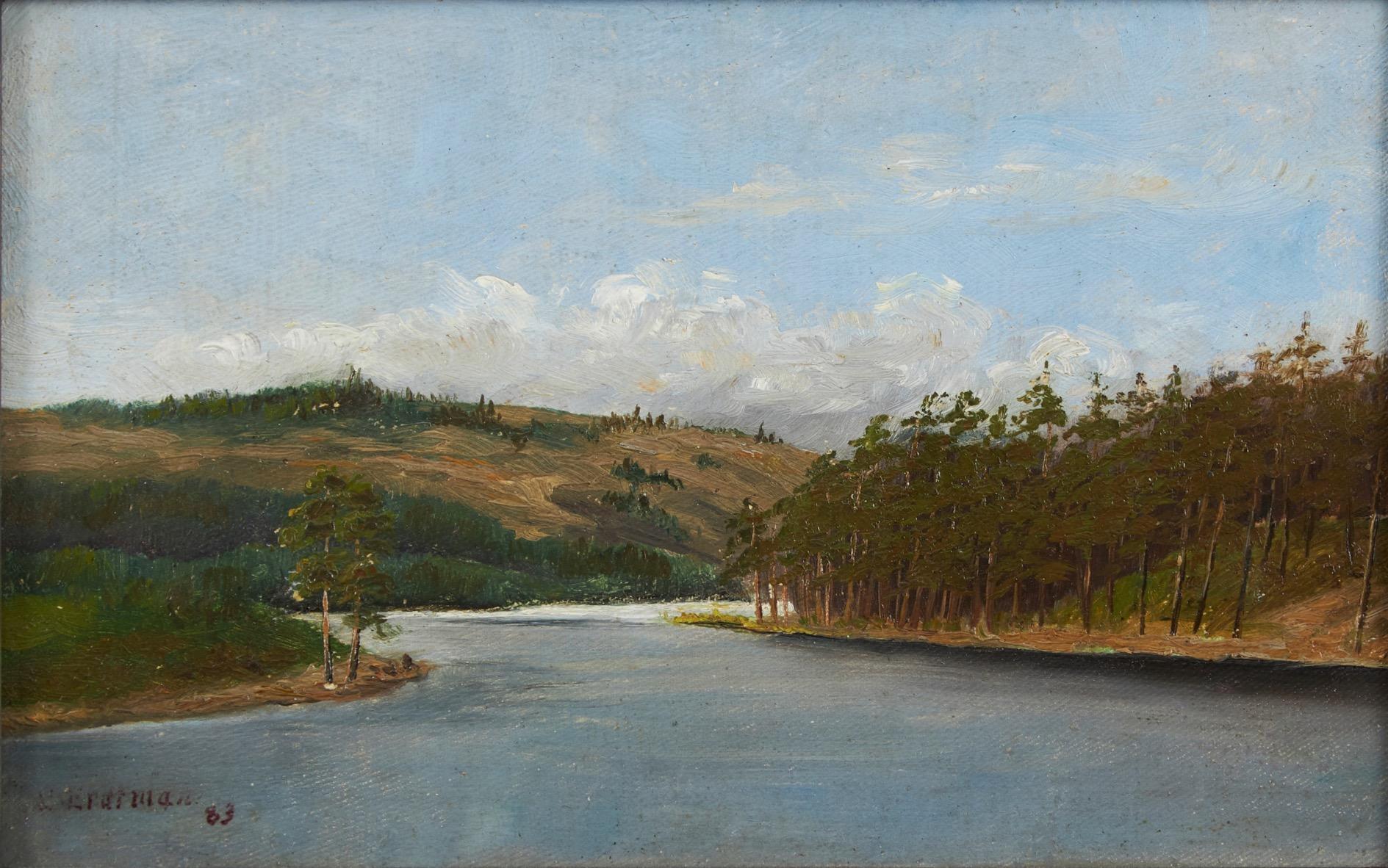 Il fiume Silverån a Hässleby, Svezia, Plein air - Landscape Painting Nero di Elias Erdtman