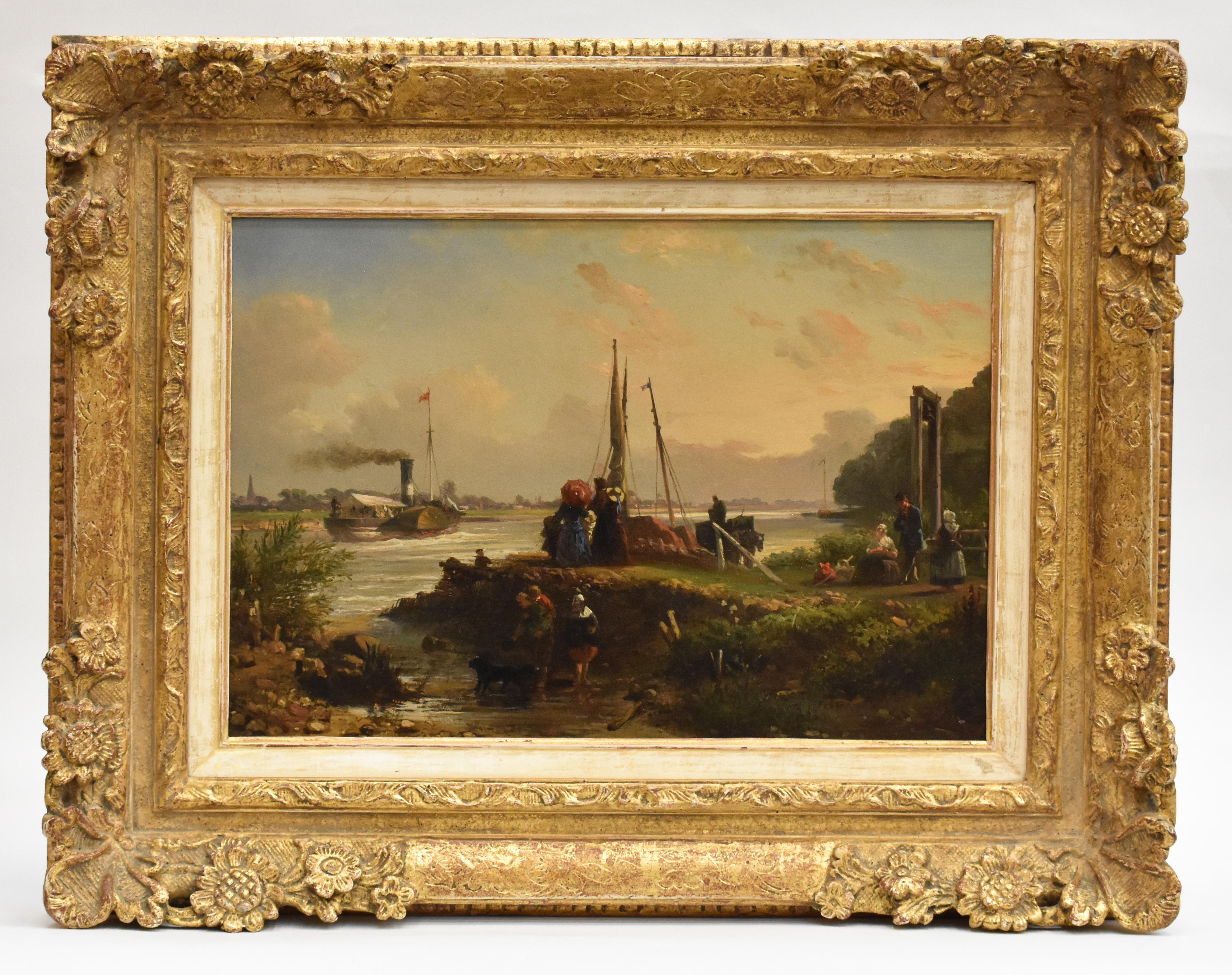Elias Pieter Van Bommel Landscape Painting - River with steamboat and travelers - Romantic dutch elegant umbrella travellers