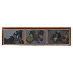 Vintage Elias Rivera Oil Painting on Wood Triptych Titled "Airport"
