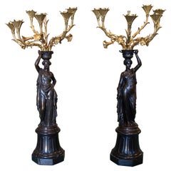 Élias Robert, c. 1850 Pair of Gilt Bronze Classical Candelabra w/ Marble Plinth