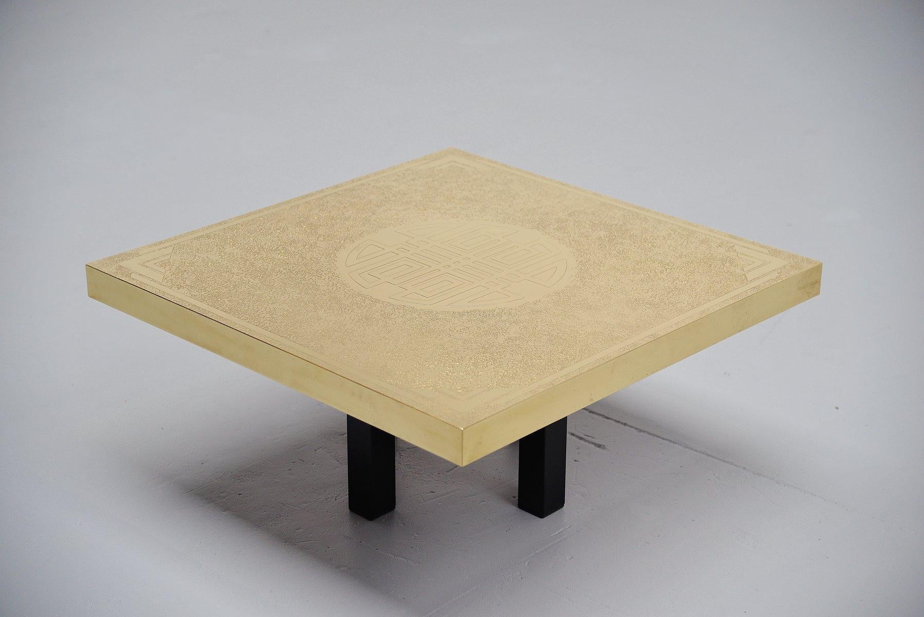 Very nice modern etched coffee table in brass by Elias Segura, Belgium 1991. In the 1970s, 1980s and 1990s there were a lot of designers in Belgium and France who made these brass etched tables. Among them a few very well-known such as Ado Chale,