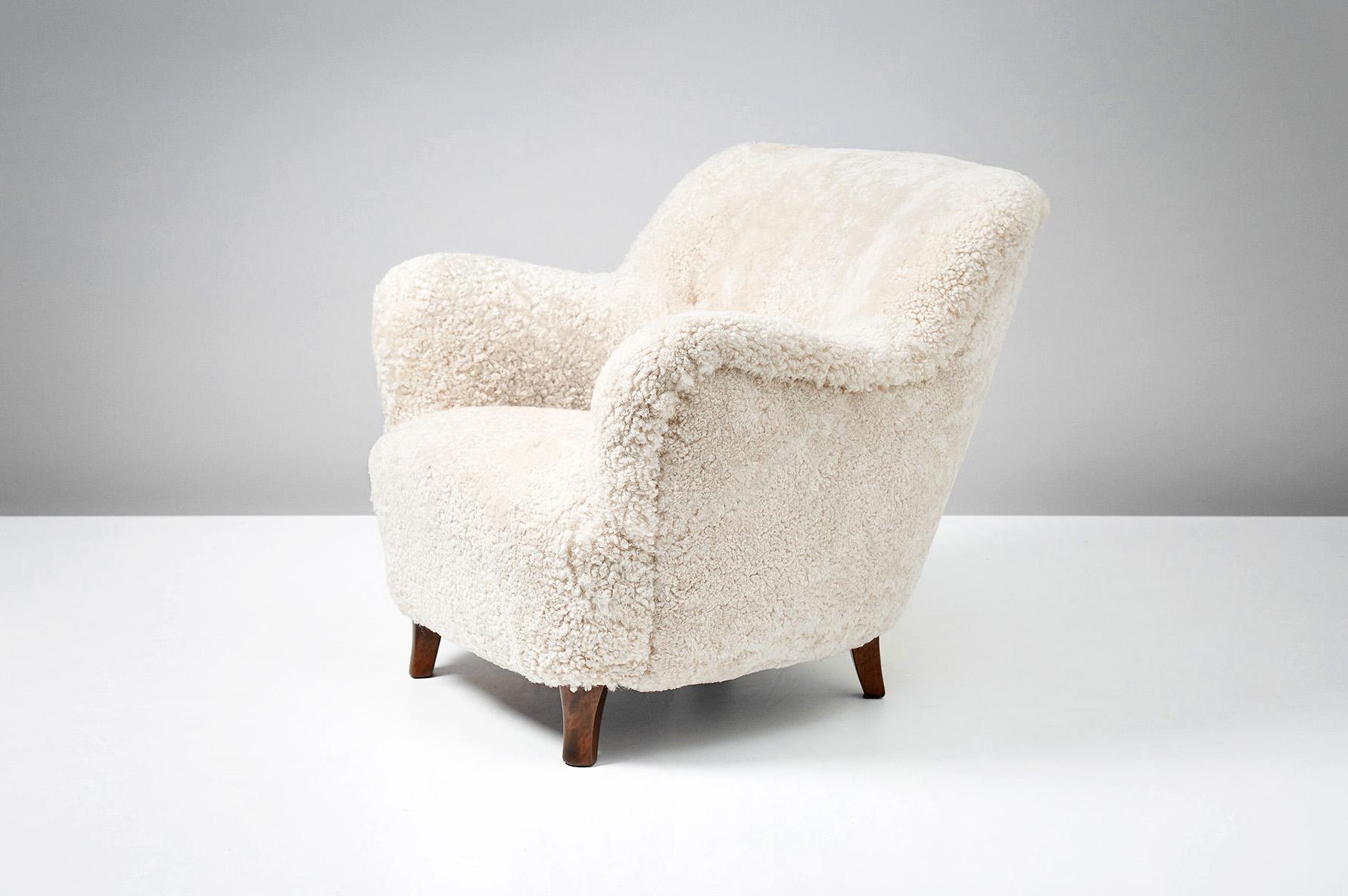 Mid-20th Century Elias Svedberg Swedish Sheepskin Lounge Chairs, circa 1940s