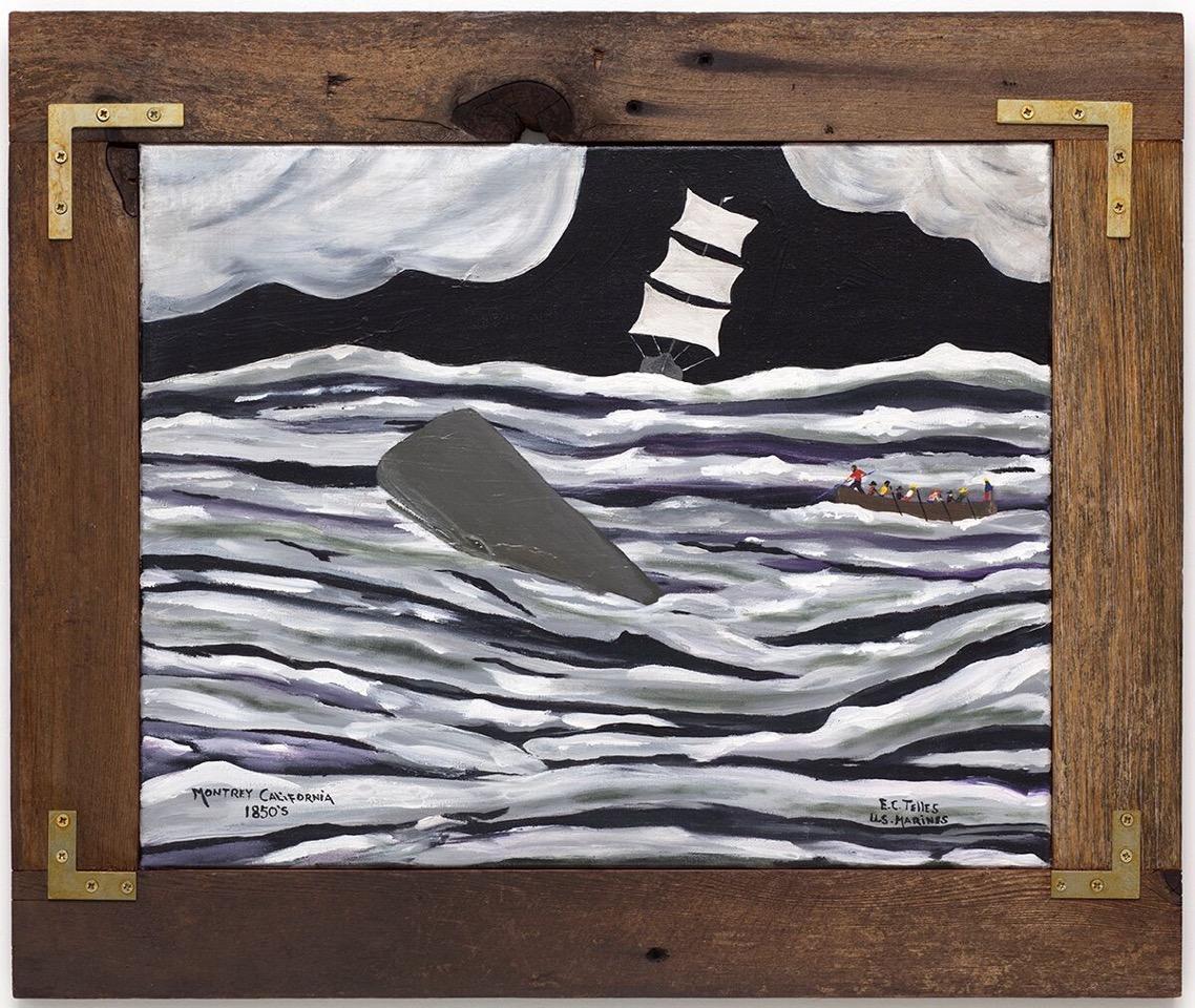 Elias Telles (né en 1950, américain)
Monterey, Californie, 2019
Acrylique sur toile, bois trouvé, supports métalliques
21,5 x 25,5 pouces

Elias a mené une existence aventureuse avant de devenir un peintre autodidacte. Né dans une famille de 14