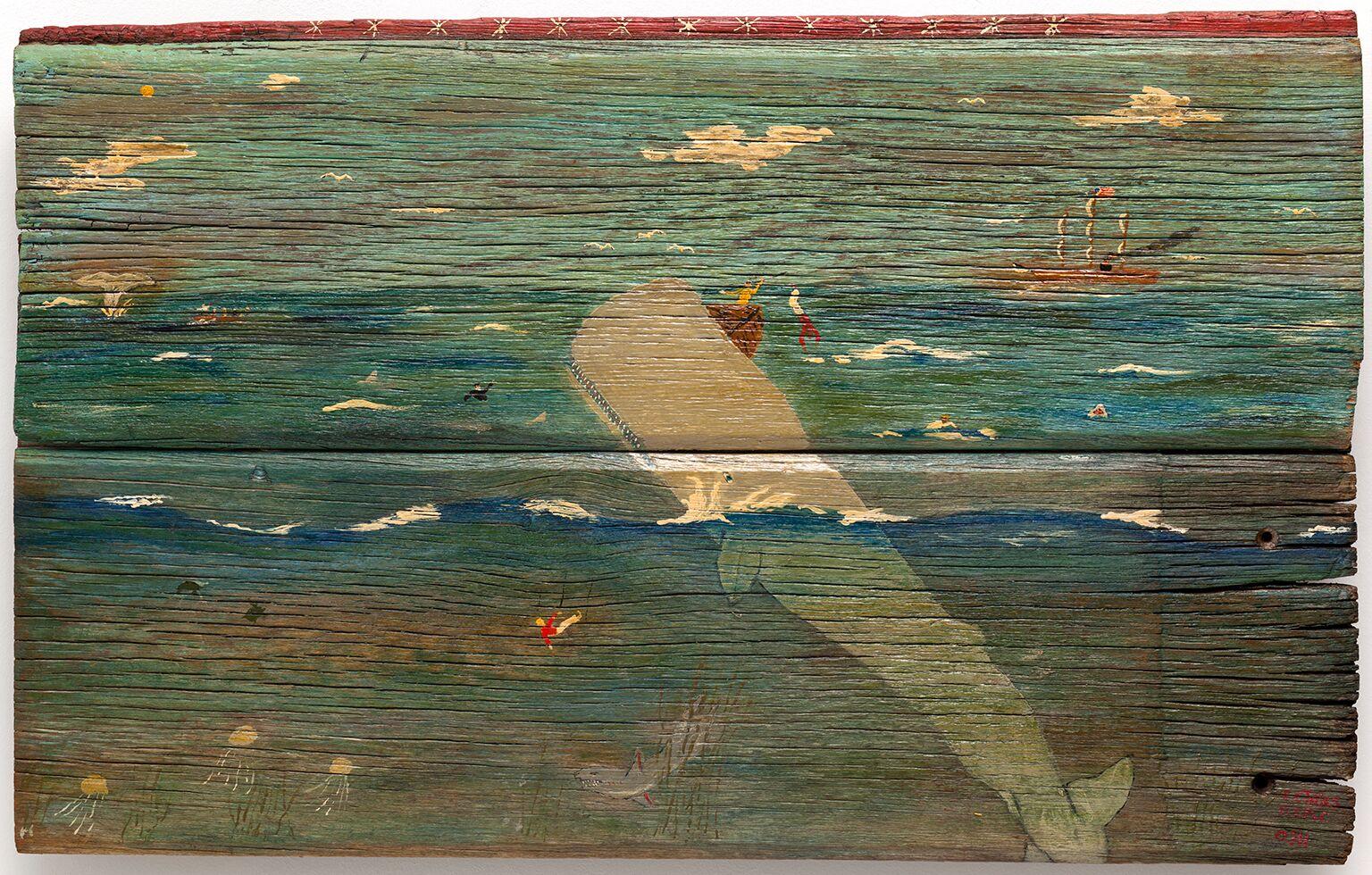 Elias Telles Animal Painting - "American Whalers"  Folk Art Marine Painting Found Wood by Self-taught Artist, 