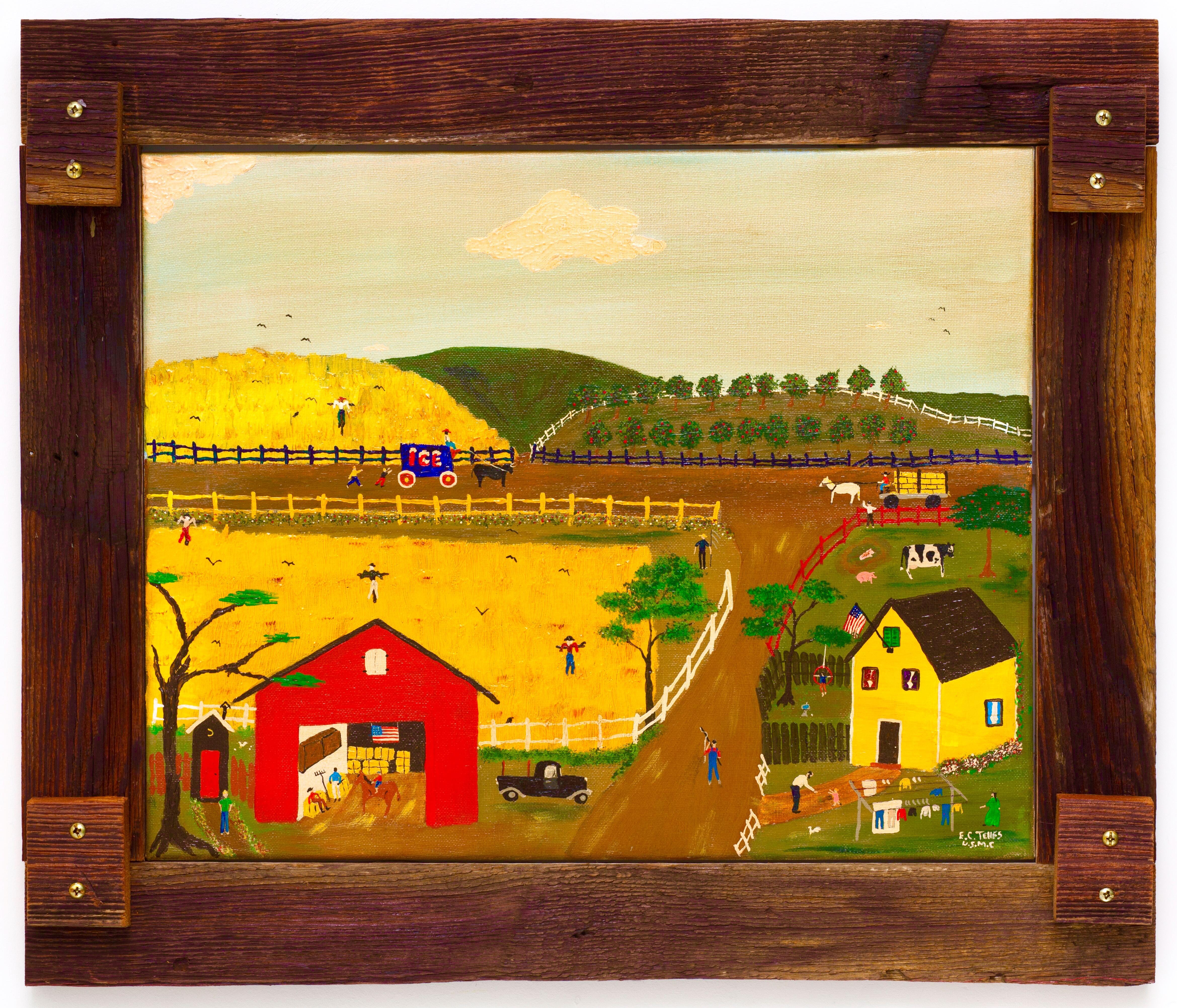 Elias Telles Landscape Painting - "Summer Time"  Farm scene, Folk Art/Naive/Primitive Landscape by Self-Taught