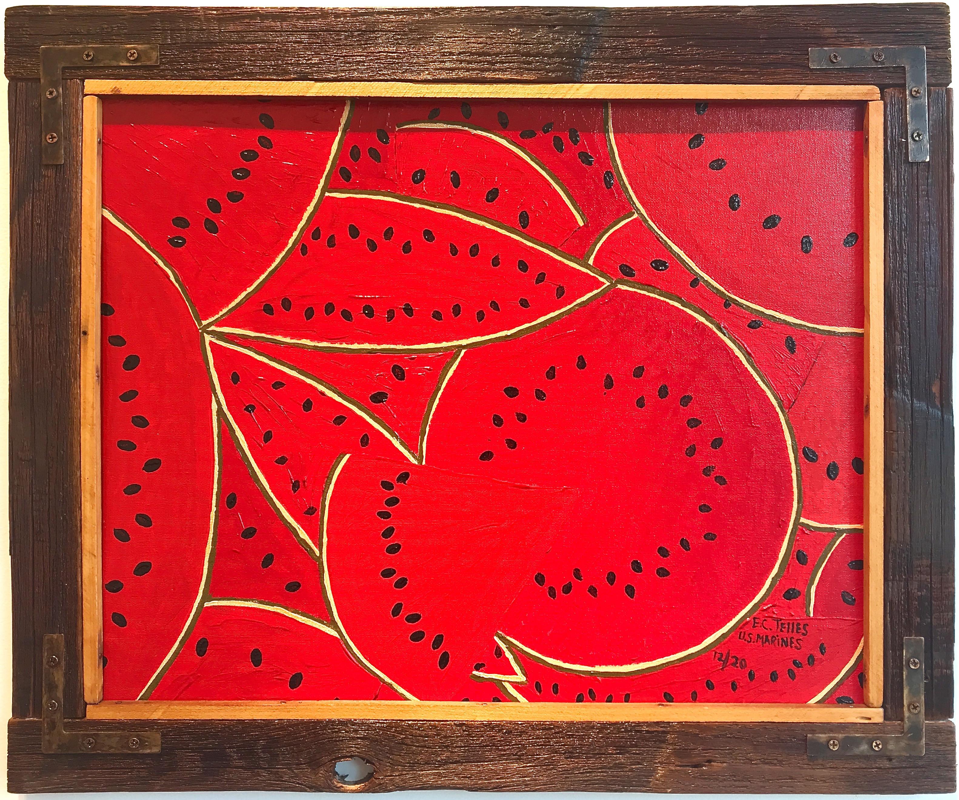 Elias Telles Abstract Painting - "Watermelons"   Folk Art Composition Red Watermelon Slices/ Seeds Artist Frame