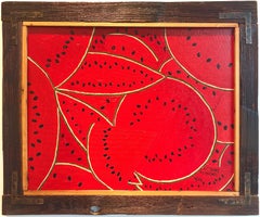 "Watermelons"   Folk Art Composition Red Watermelon Slices/ Seeds Artist Frame