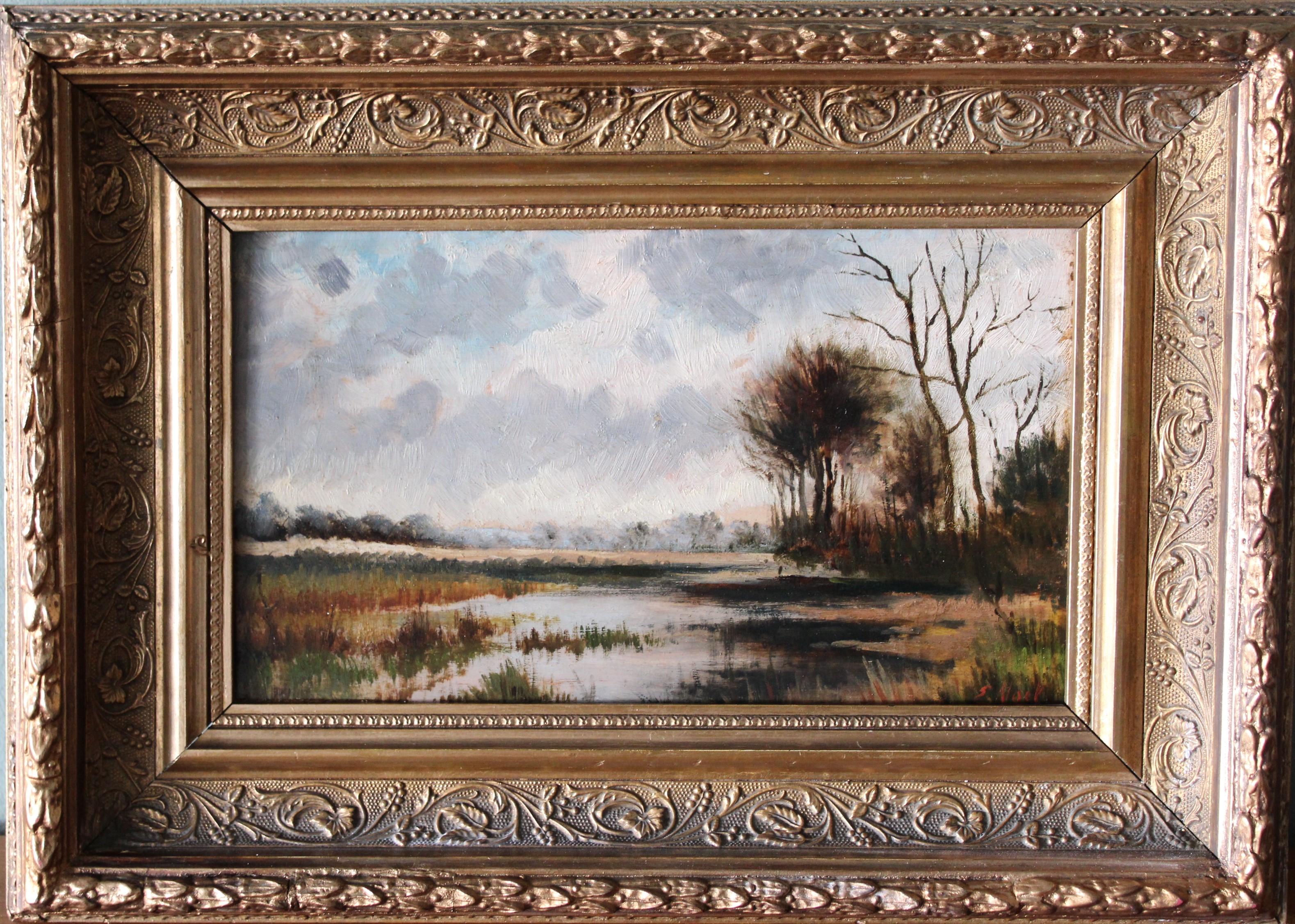 Antique Dutch impressionist riverscape/landscape oil painting on wood board in a gilt frame, by Dutch artist, Elias Voet (1868-1940) signed in the lower right corner.  This is a charming late 19th Century oil painting on wood in it's original frame.