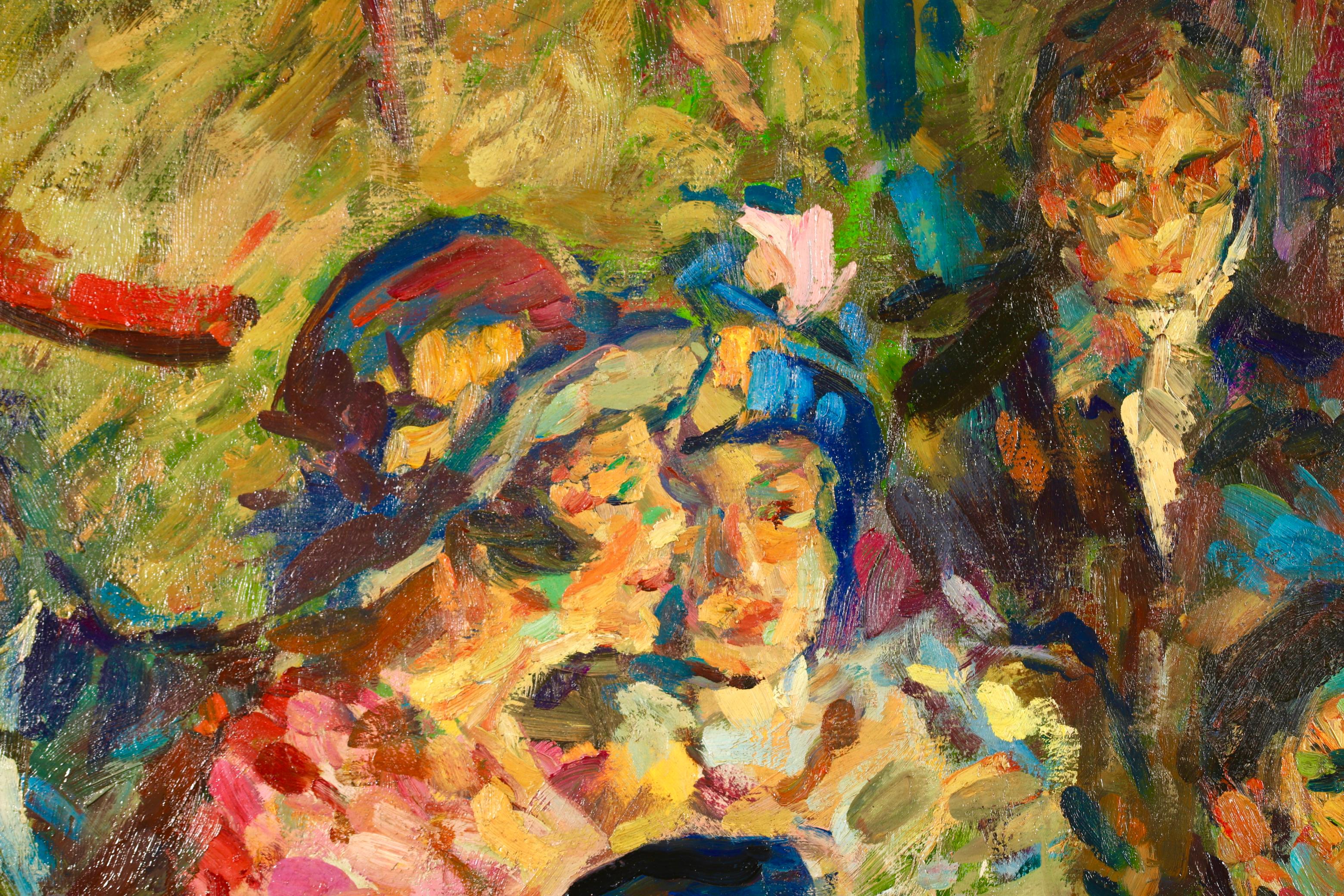 Signed figurative oil on canvas circa 1920 by Russian-born post impressionist painter Elie Anatole Pavil. This beautifully coloured work depicts men and a women seated at a theatre peering over a balcony.

Signature:
Signed lower