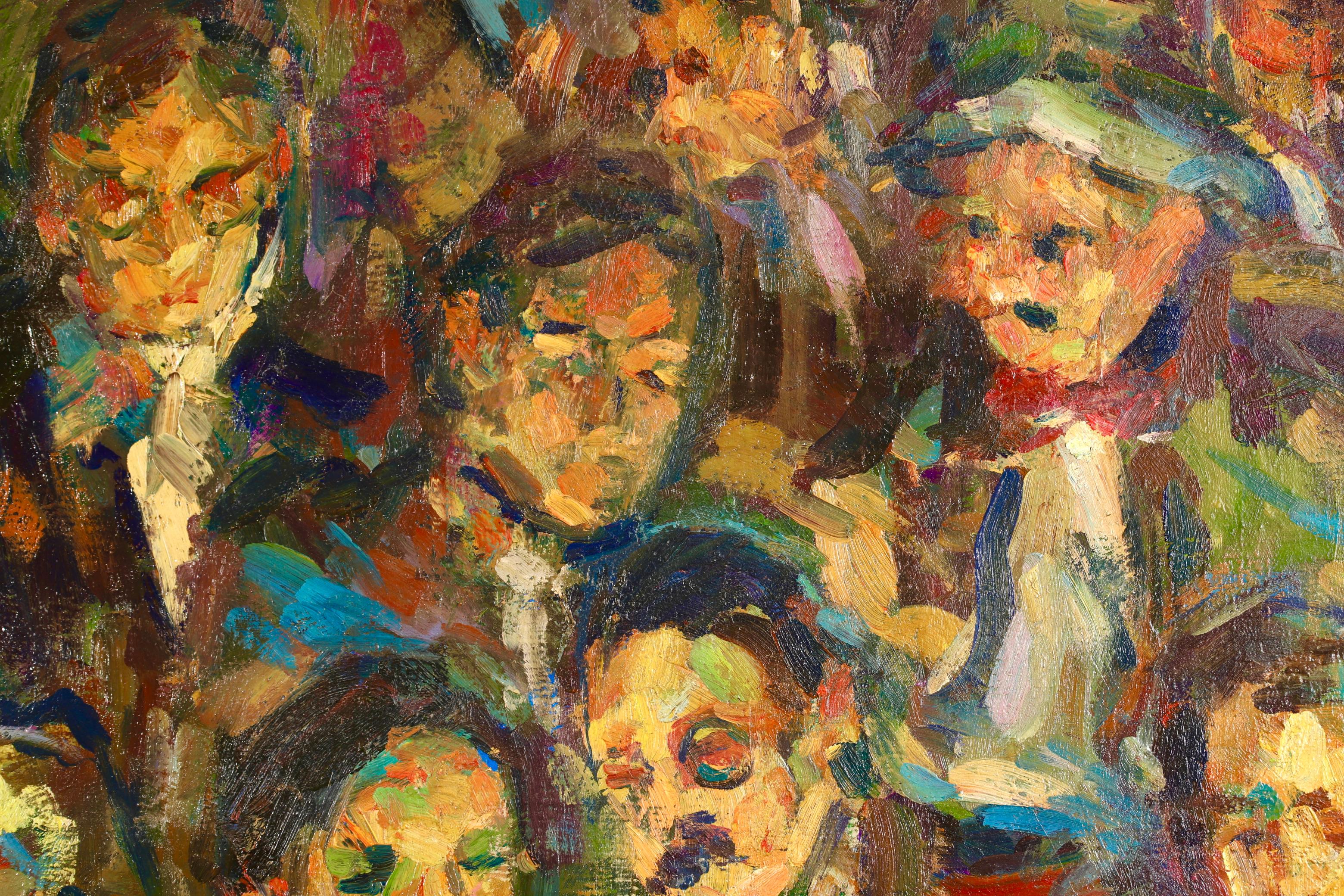 Huile figurative sur toile signée vers 1920 par le peintre post impressionniste d'origine russe Elie Anatole Pavil. Cette œuvre magnifiquement colorée représente des hommes et une femme assis dans un théâtre et regardant par-dessus un