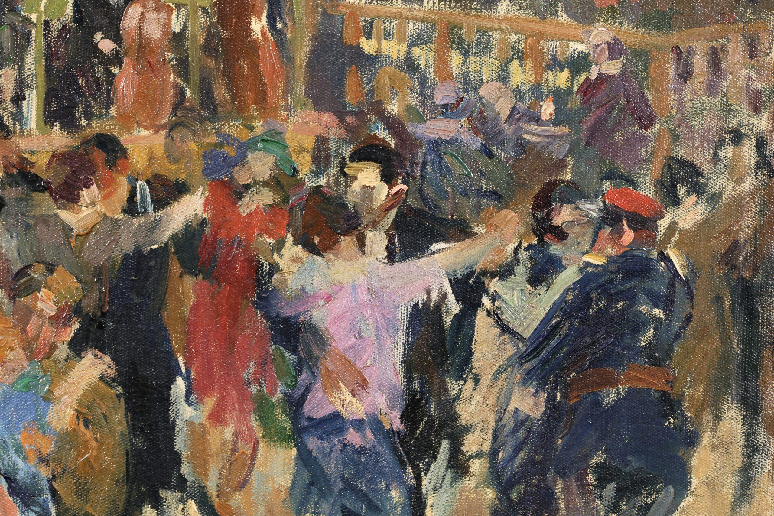 Huile figurative sur toile signée vers 1920 par le peintre post impressionniste d'origine russe Elie Anatole Pavil. Cette œuvre magnifiquement colorée représente des couples dansant au Bar Dansant à Montmarte, en France. Derrière la piste de danse,