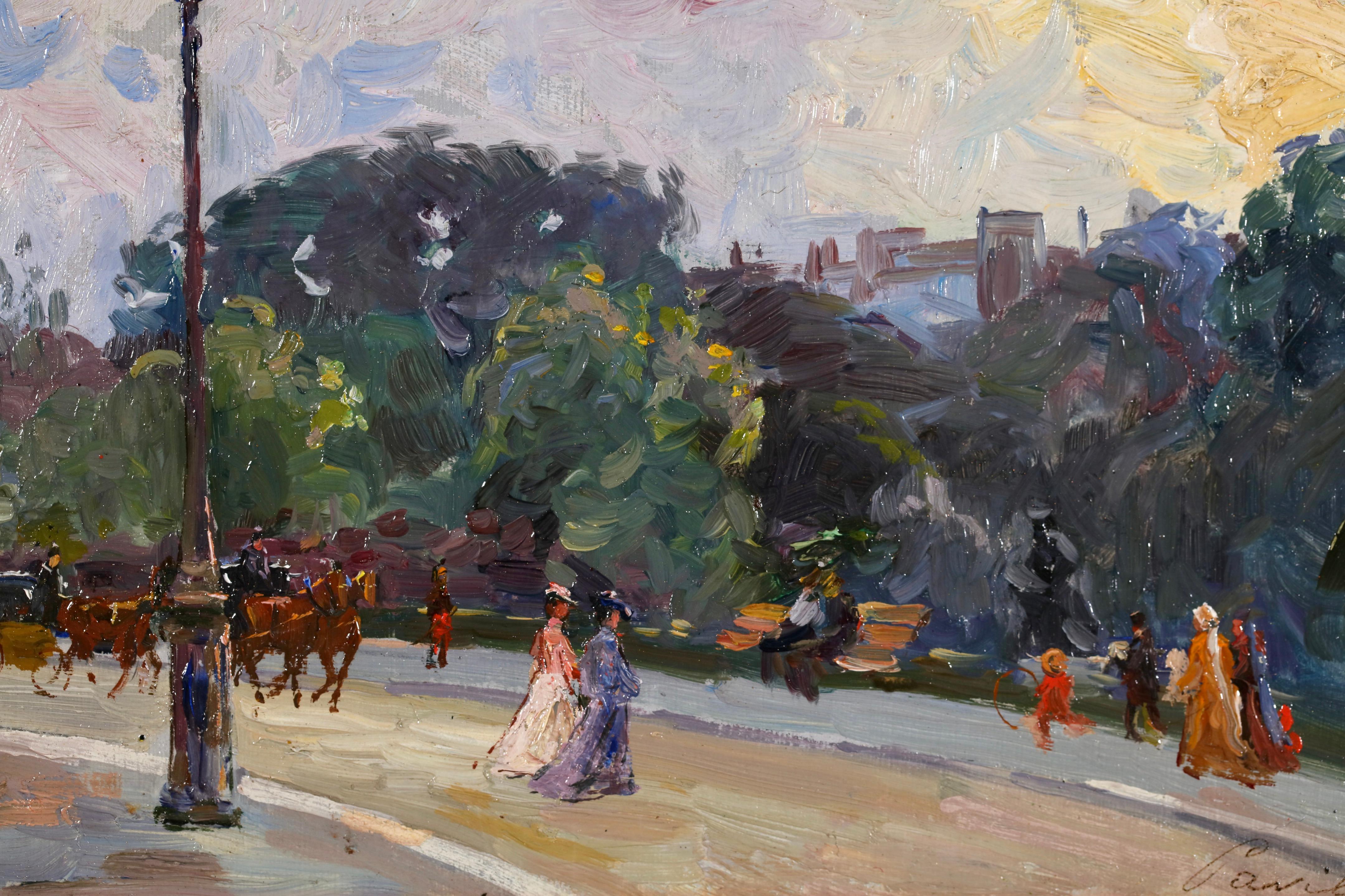 Huile sur panneau signée de figures dans un paysage urbain, circa 1920, du peintre post impressionniste d'origine russe Elie Anatole Pavil. L'œuvre représente des citadins à Boulogne. Deux dames élégamment vêtues traversent la route devant une