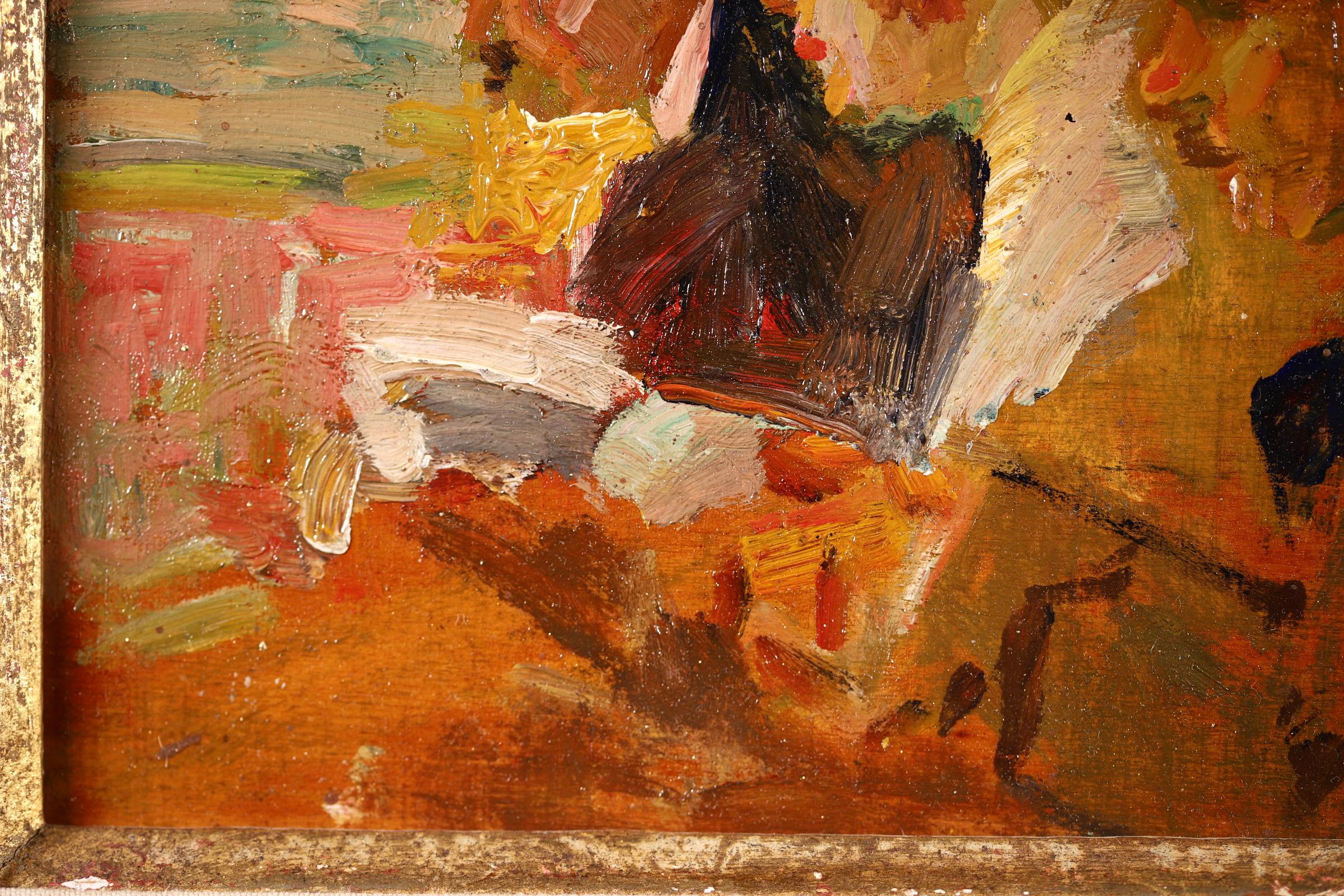 Signed figures in interior oil on panel circa 1915 by Russian-born post impressionist painter Elie Anatole Pavil. The piece depicts four figures - three men and a woman - all wearing hats, peering over a balcony watching a concert. 