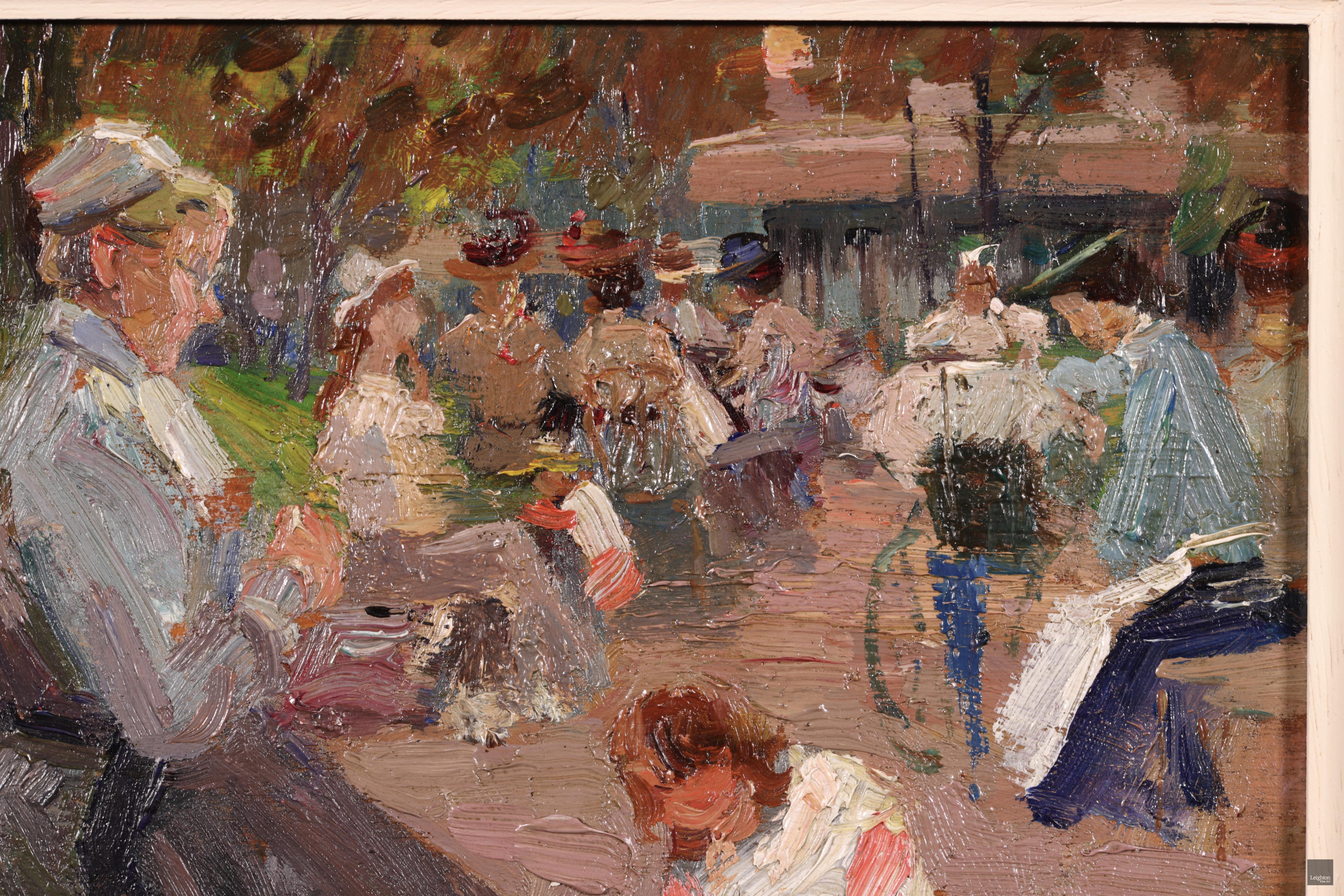 Élégants dans un parc - Huile post-impressionniste, paysage de figures d'Elie Pavil - Post-impressionnisme Painting par Elie Anatole Pavil
