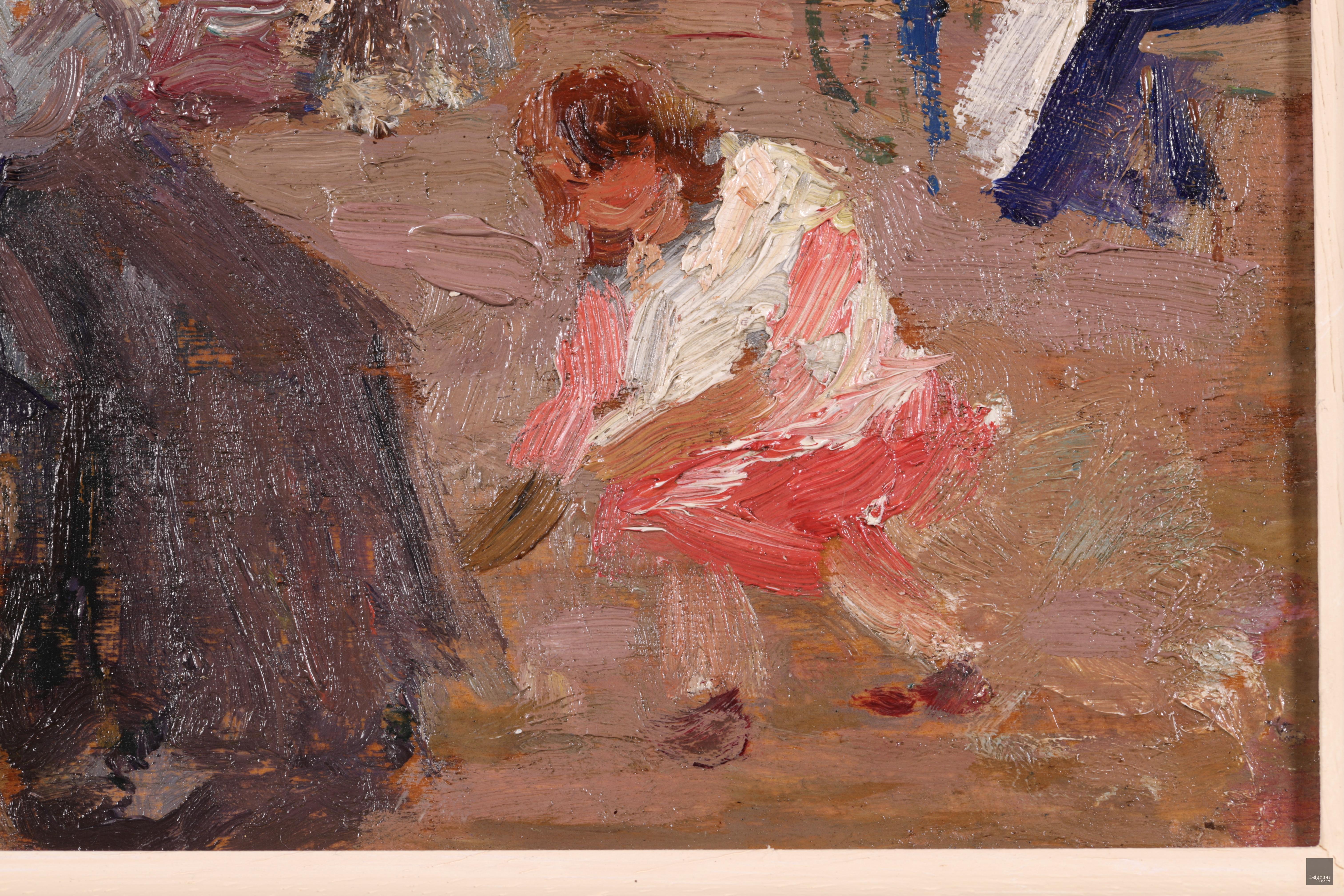 Huile sur panneau signée, figures dans un paysage, circa 1910, du peintre post impressionniste Elie Anatole Pavil, né en Russie. L'œuvre représente plusieurs dames élégamment vêtues, assises dans un parc. Au premier plan, une dame en chemise grise
