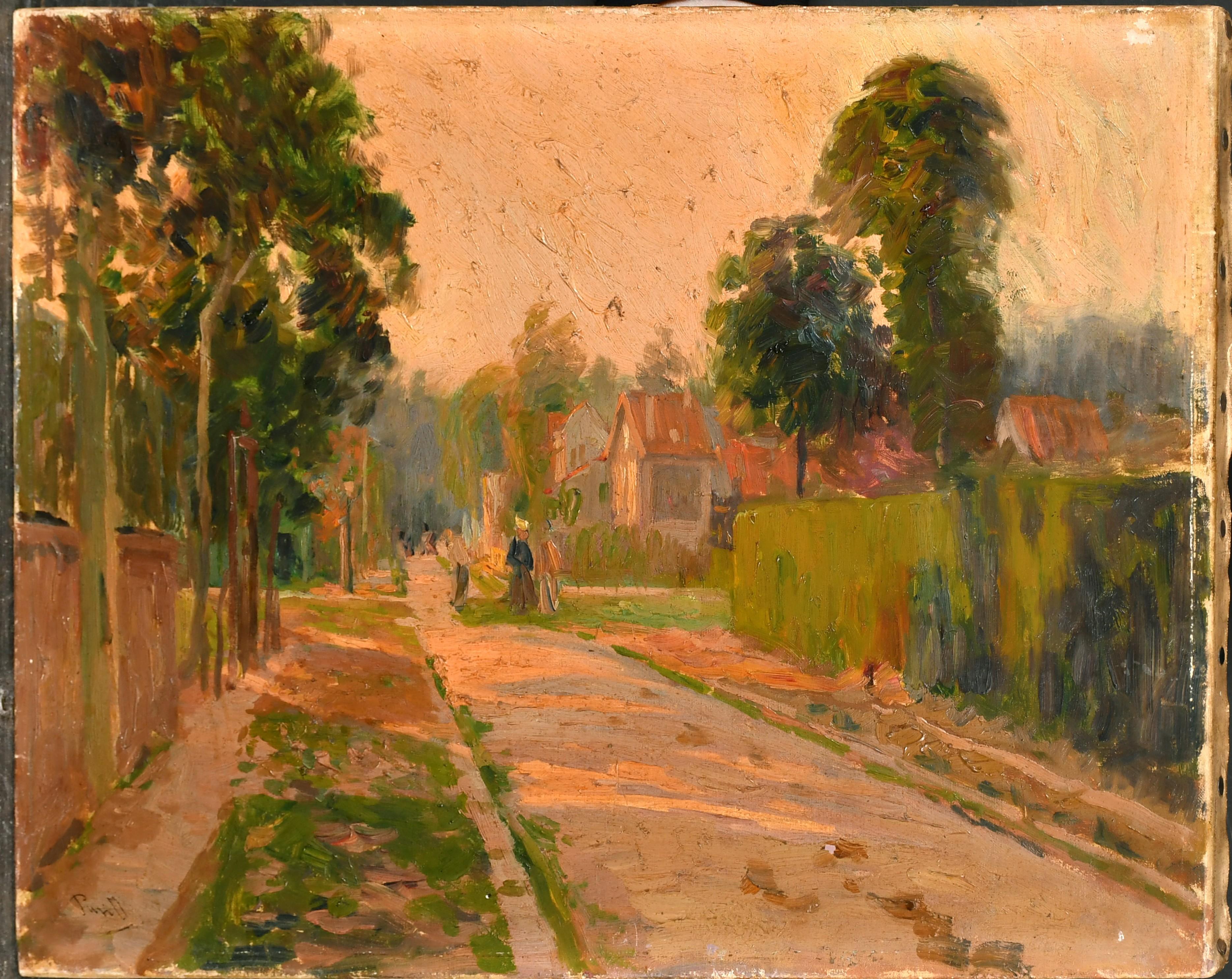 Figure in Sunset French Village Lane Well Listed Impressionist Artist, oil - Painting by Elie Anatole Pavil