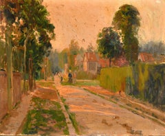 Figure in Sunset French Village Lane Well Listed Impressionist Artist, oil