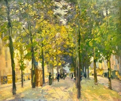 Figures Dappled Light Parisian Park Gardens Signed Impressionist Oil Painting