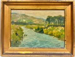 Fishing Boat on Rural River Green Landscape Signed Impressionist Oil Painting