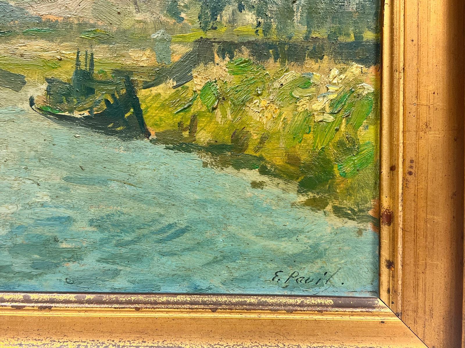Fischboot auf einem Fluss Grüne Landschaft, signiertes impressionistisches Ölgemälde  (Impressionismus), Painting, von Elie Anatole Pavil