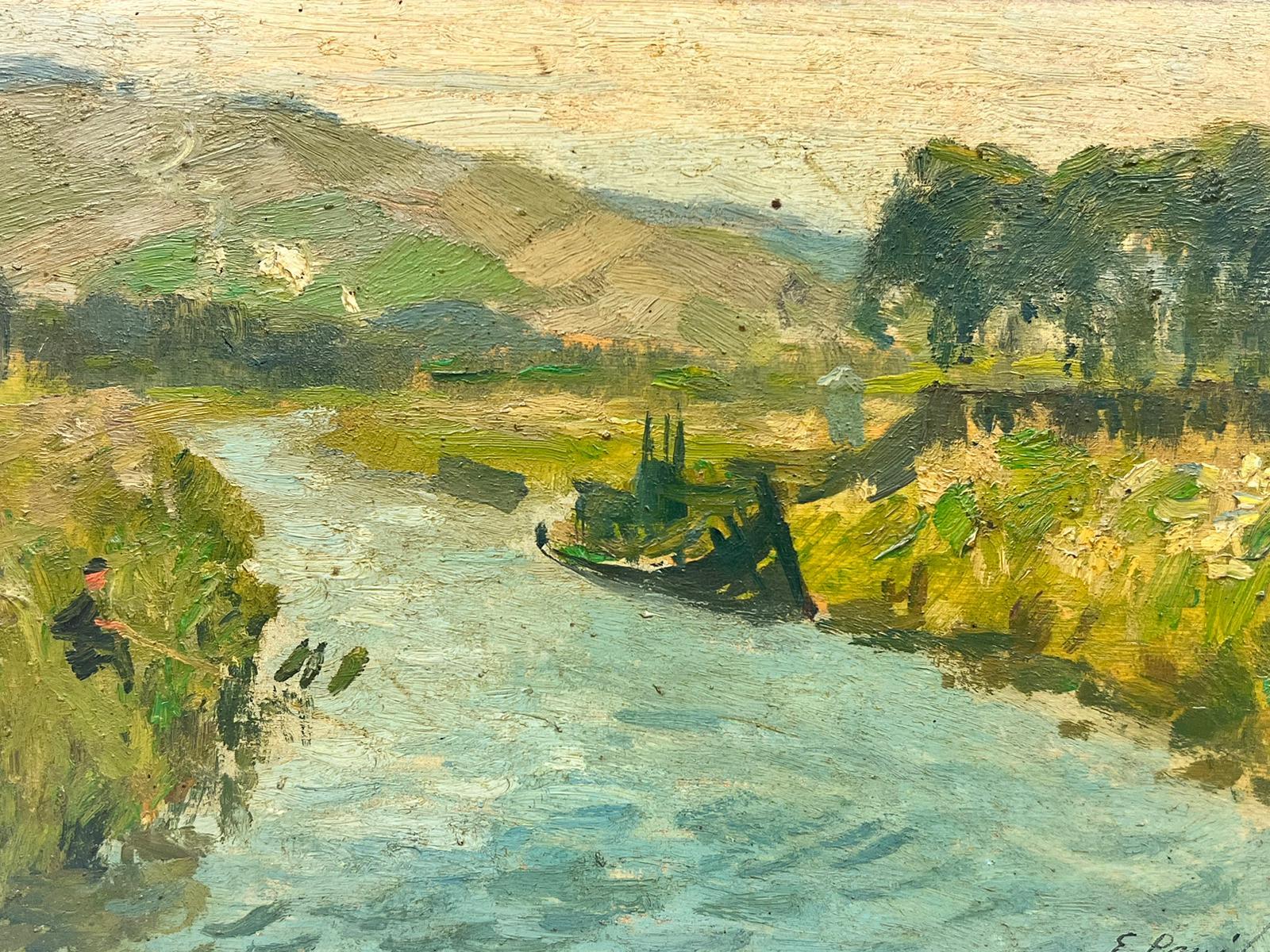 Elie Anatole Pavil Figurative Painting – Fischboot auf einem Fluss Grüne Landschaft, signiertes impressionistisches Ölgemälde 