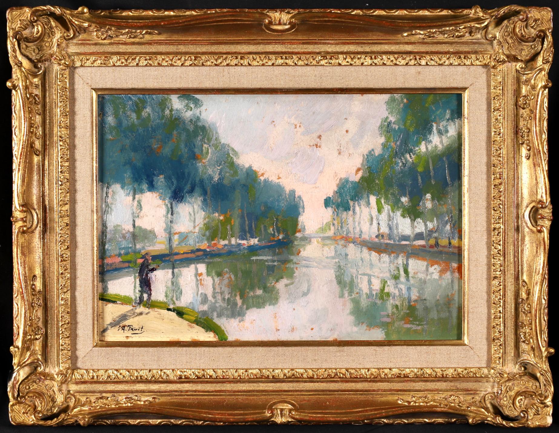  Fishing - Post Impressionist Oil, Figure by River Landscape by Elie A Pavil