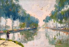 Fishing on the Seine - Post Impressionist Oil, River Landscape by Elie A Pavil