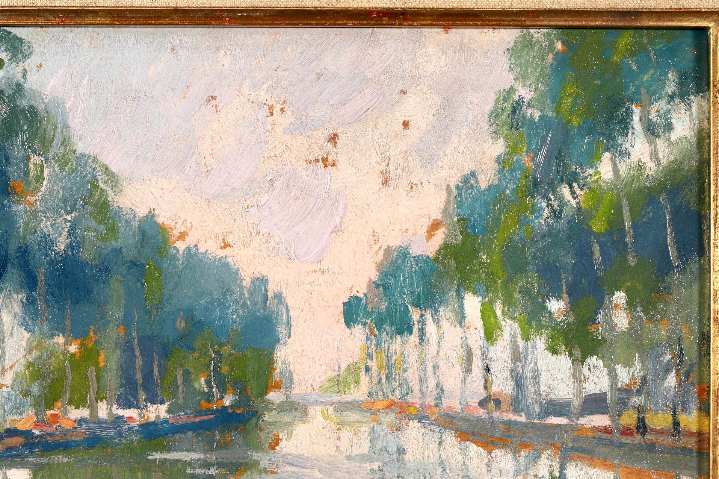  Fishing on the Seine - Post Impressionist Oil, River Landscape by Elie A Pavil - Brown Landscape Painting by Elie Anatole Pavil