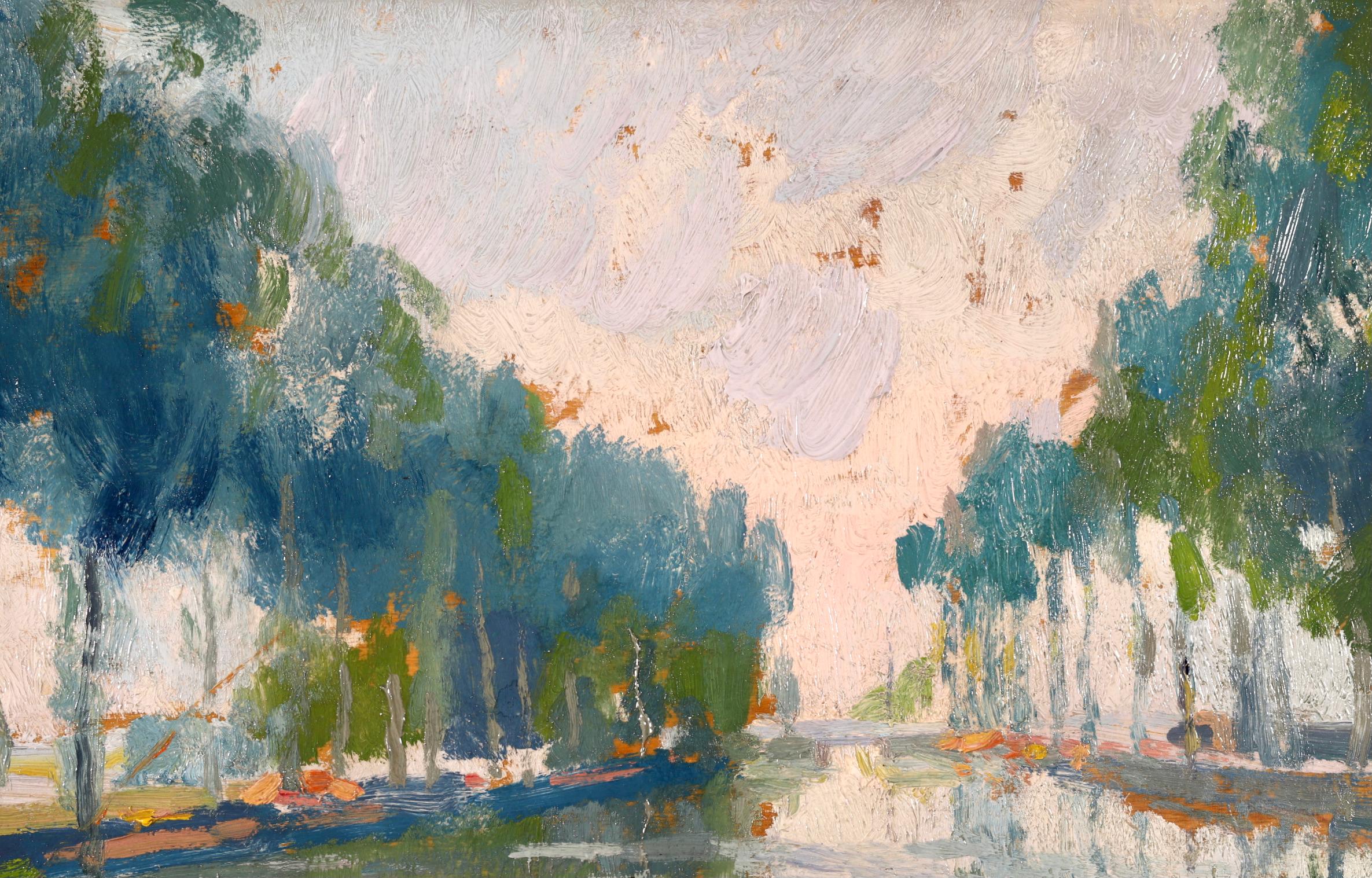 Signed landscape oil on panel circa 1910 by Russian-born post impressionist painter Elie Anatole Pavil. The piece depicts a lone figure fishing on the bank of the River Seine. The artist is looking directly down the tree-lined river on a bright