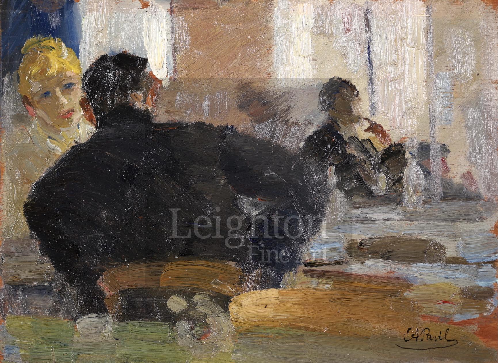 Le Cafe de la Place Blanche - Post Impressionist Oil, Figures by Elie Pavil - Painting by Elie Anatole Pavil