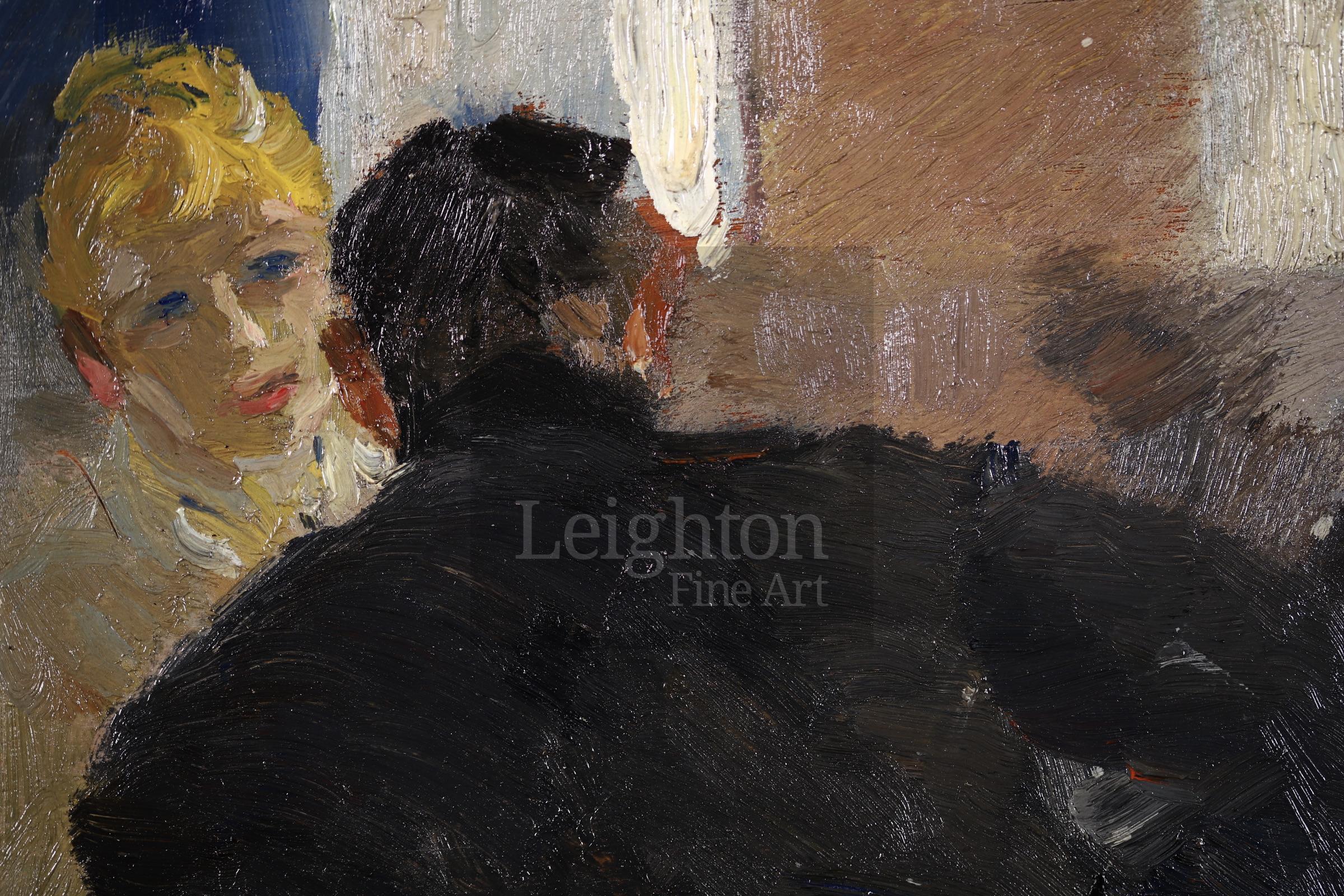 Signed figures in interior oil on panel circa 1915 by Russian-born post impressionist painter Elie Anatole Pavil. The piece depicts a couple in the famous 