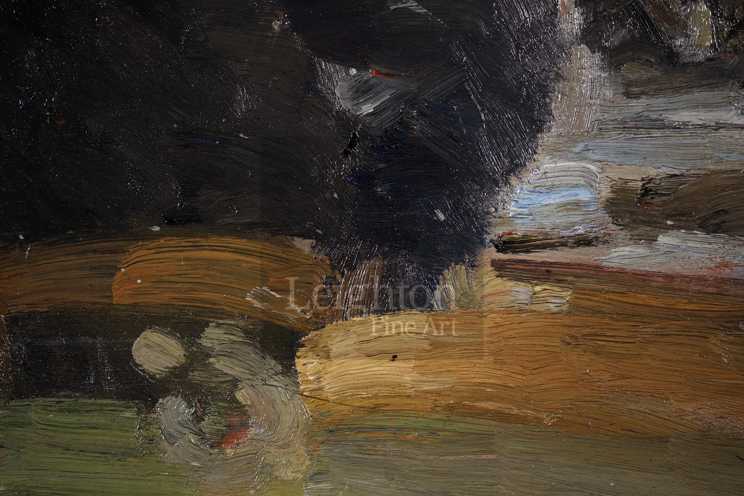 Le Cafe de la Place Blanche - Post Impressionist Oil, Figures by Elie Pavil For Sale 1