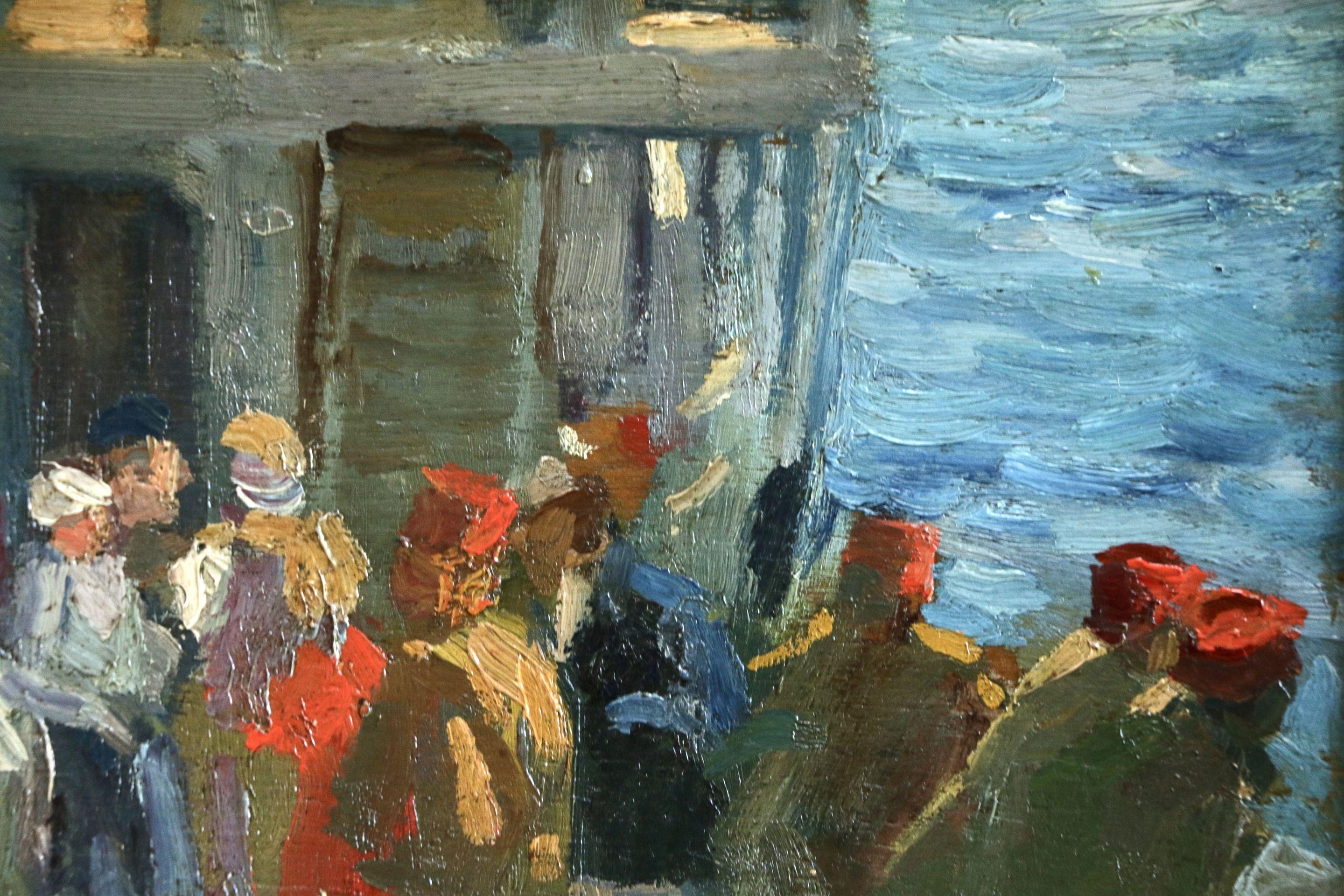 L'Embarquement - 19th Century Oil, Figures Boarding Boat at Sea by Elie Pavil - Painting by Elie Anatole Pavil