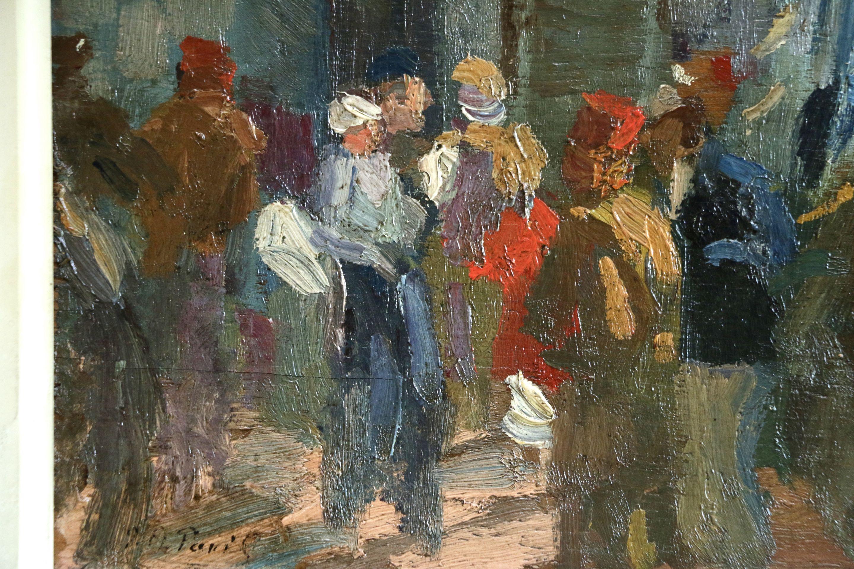 L'Embarquement - 19th Century Oil, Figures Boarding Boat at Sea by Elie Pavil - Gray Figurative Painting by Elie Anatole Pavil
