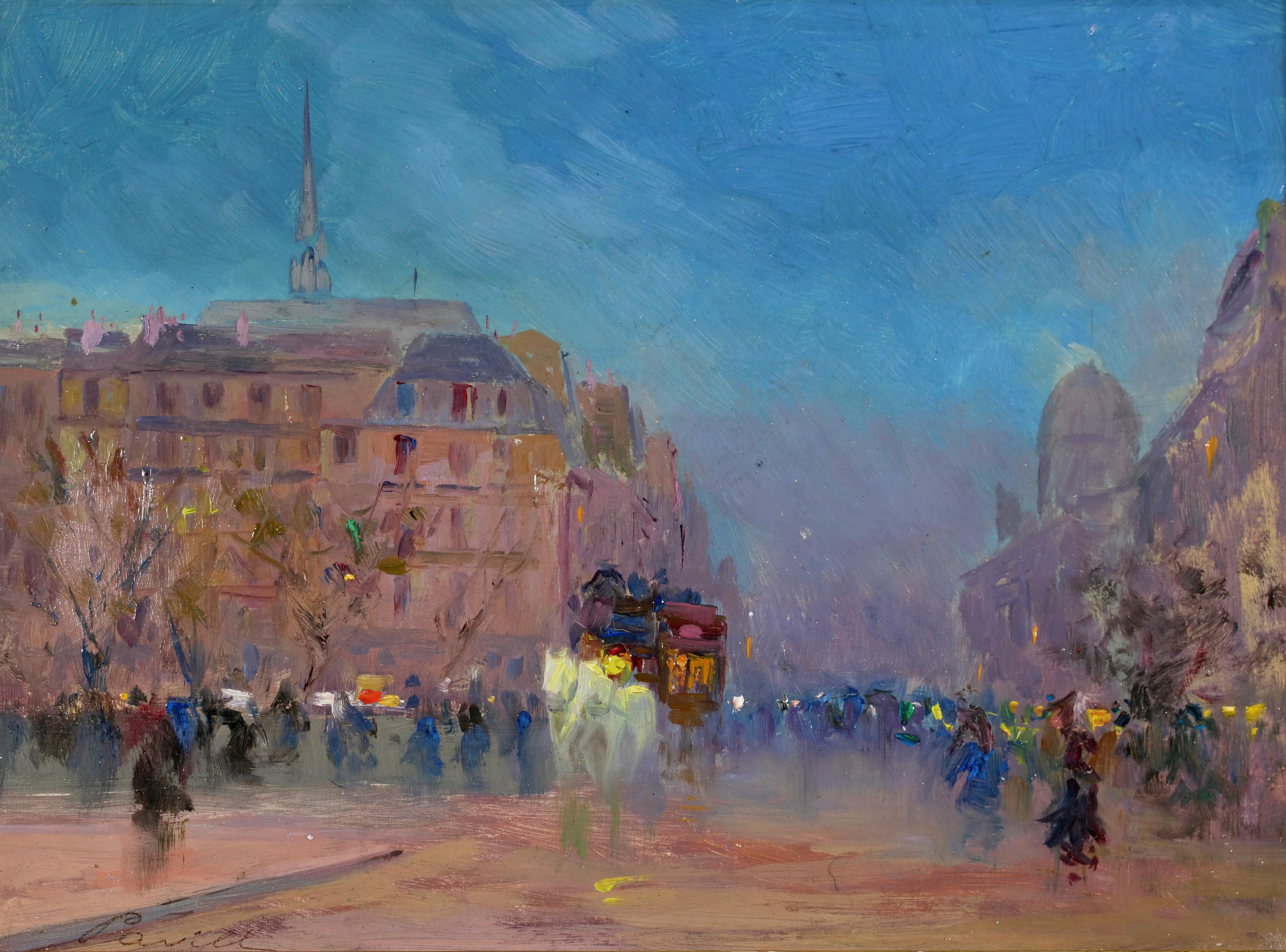 Les Grands Boulevards La Nuit - Paesaggio post impressionista a olio di Elie Pavil - Painting di Elie Anatole Pavil