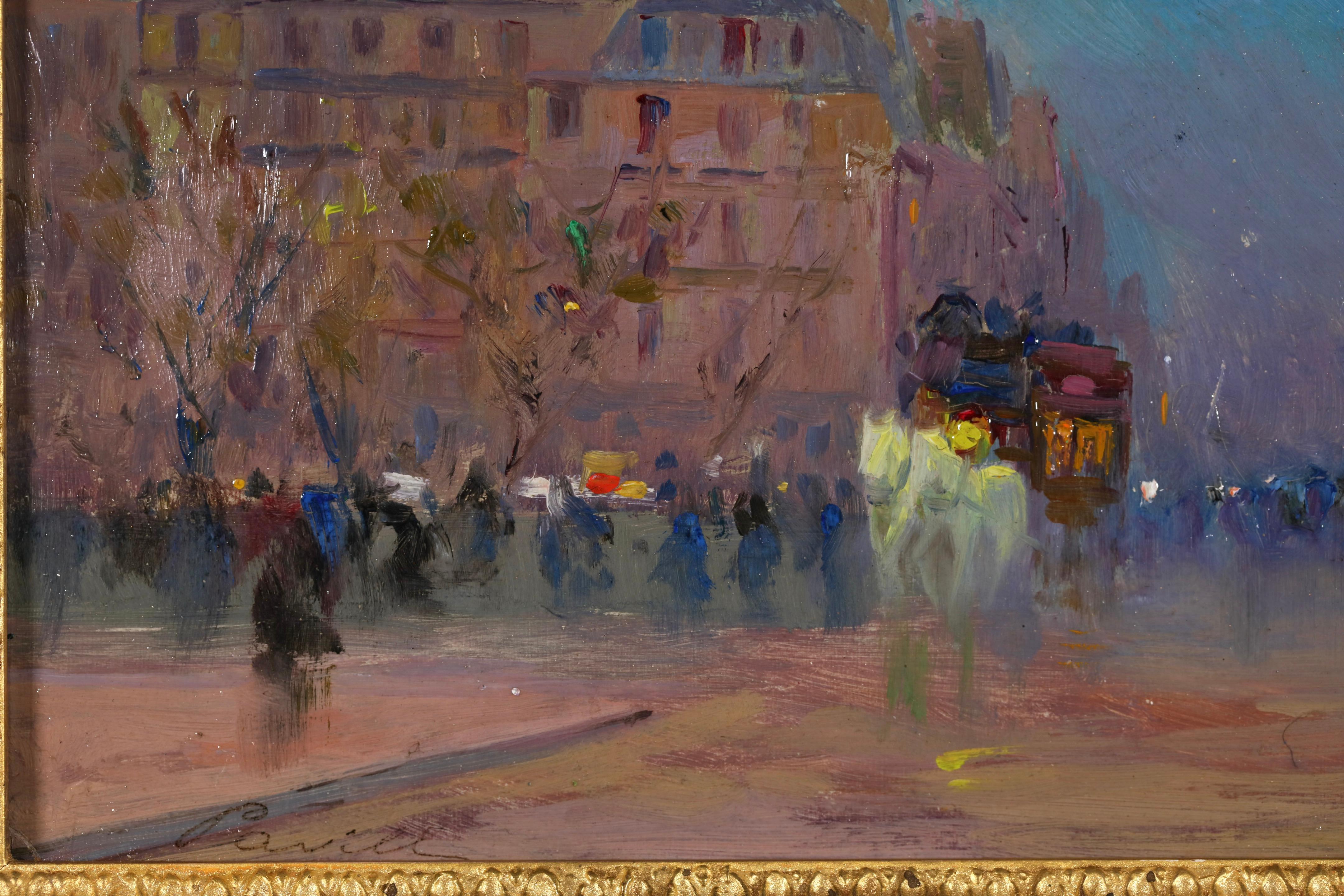 Les Grands Boulevards La Nuit - Paesaggio post impressionista a olio di Elie Pavil - Figurative Painting Marrone di Elie Anatole Pavil