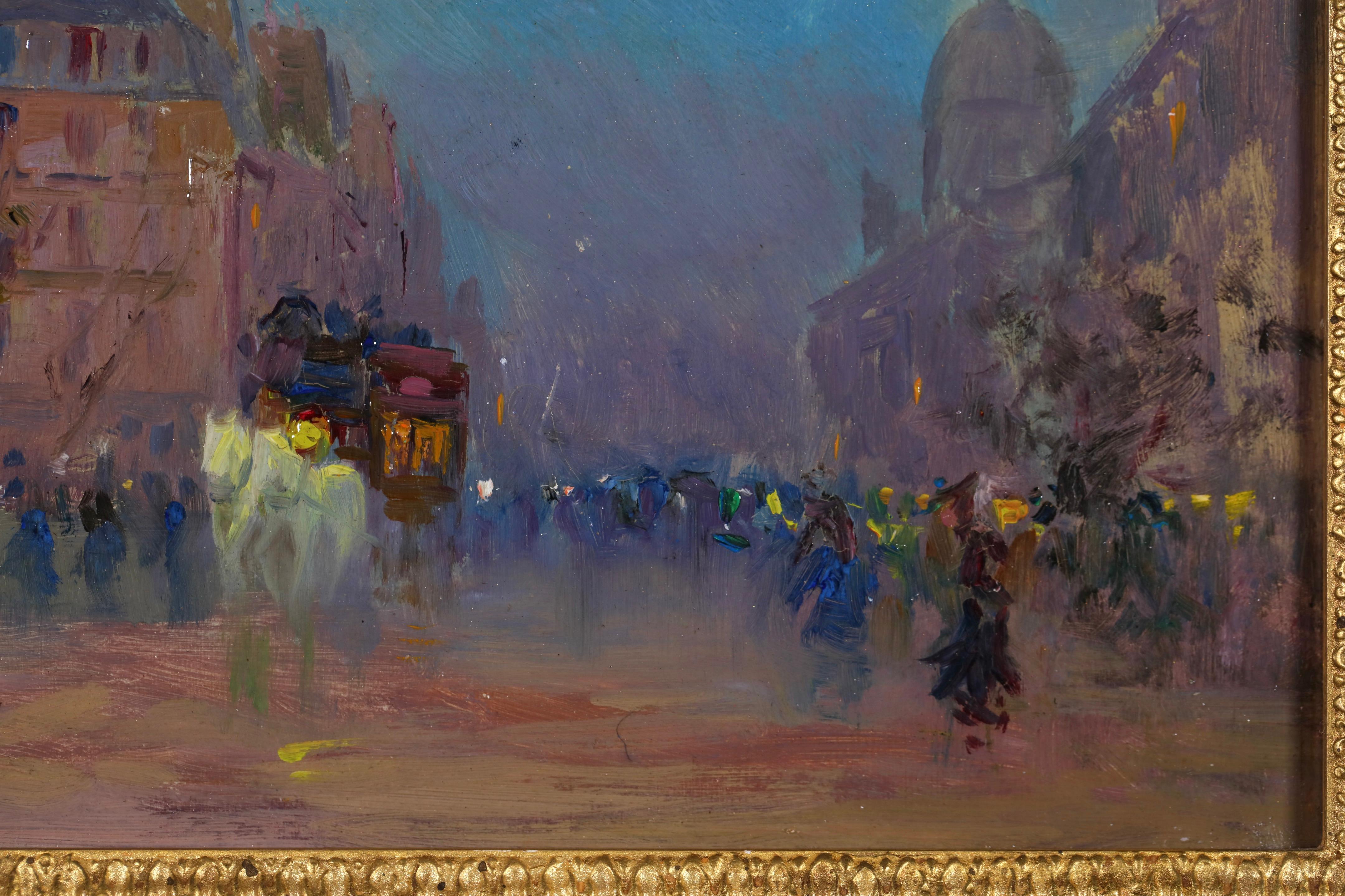 Figure firmate in un paesaggio urbano olio su tavola del 1920 circa del pittore post impressionista di origine russa Elie Anatole Pavil. L'opera ritrae i cittadini del Grand Boulevard di Parigi, in Francia, durante la notte. Al centro, un cavallo e