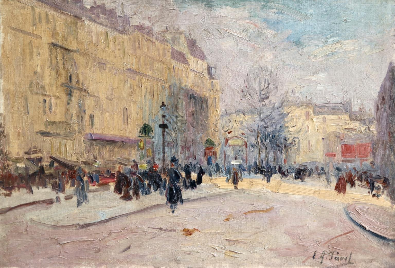 Elie Anatole Pavil Landscape Painting - Les Grands Boulevards-Paris - Impressionist Oil, Figures in Cityscape by E Pavil