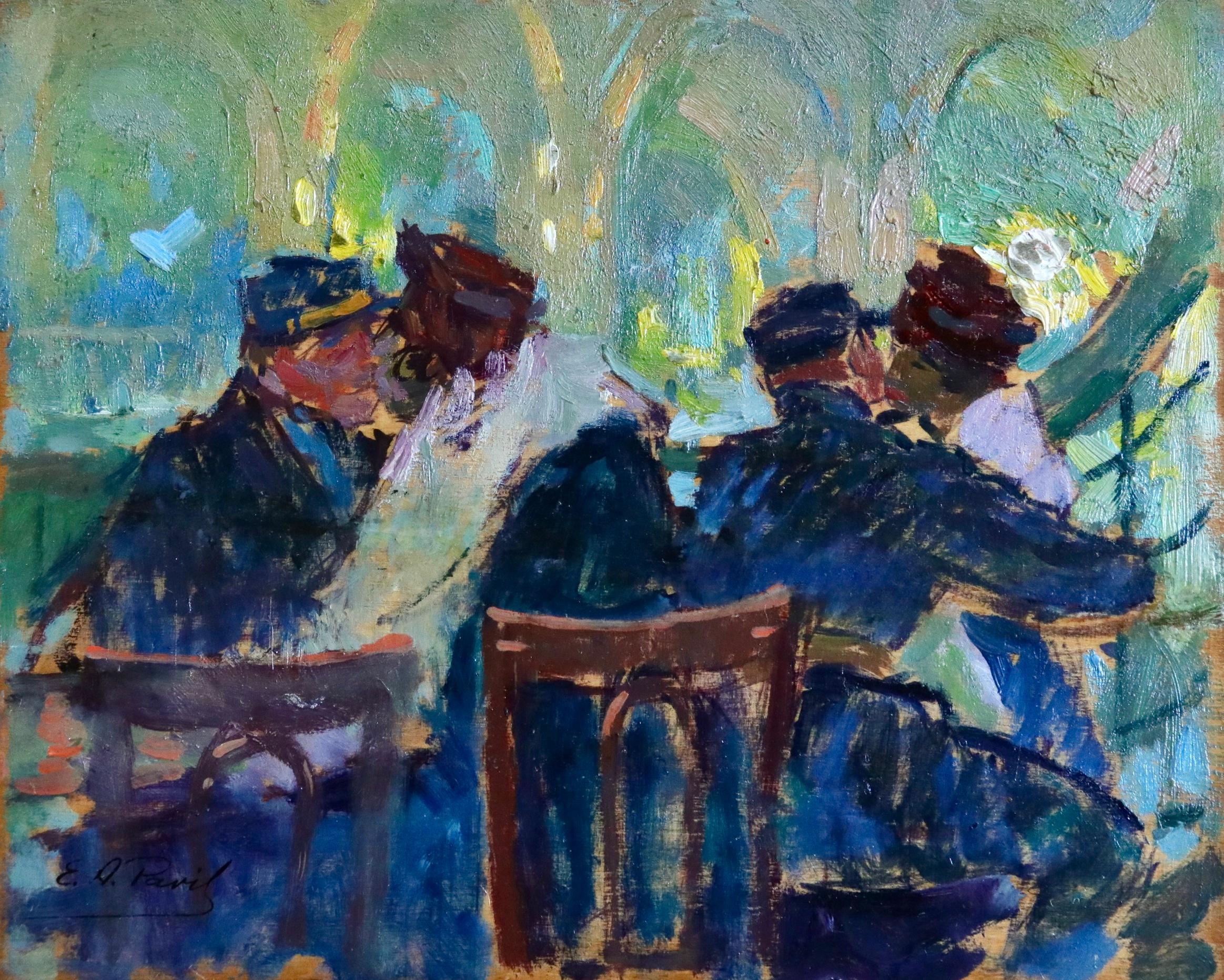 Oil on panel by Elie Anatole Pavil. This work is entitled on the reverse "les permissionistes" and depicts soldiers who have been granted leave from duty and are making the most of their time in Paris by entertaining two young ladies. Signed lower