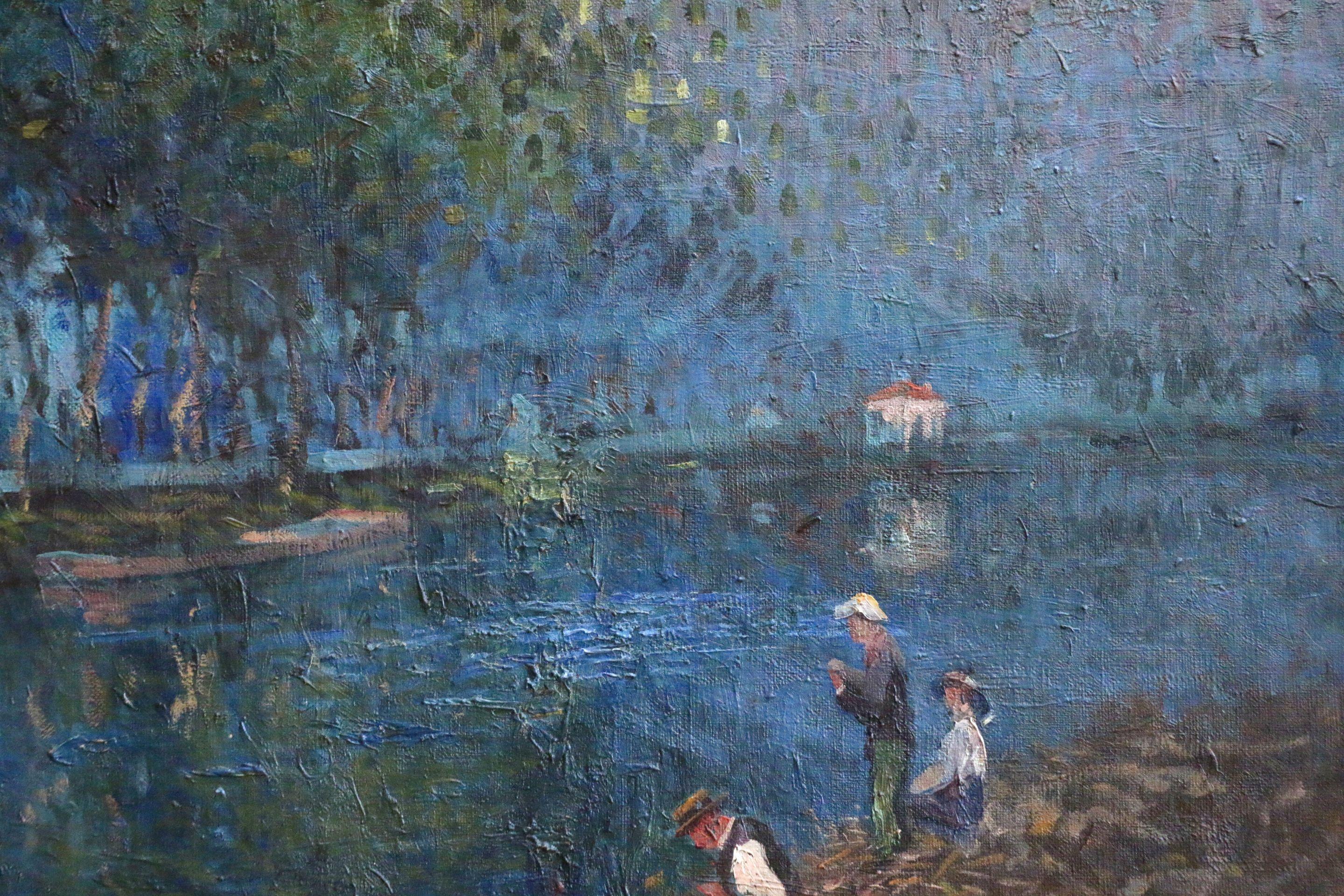 A beautifully painted and wonderfully coloured piece by Elie Anatole Pavil depicting figures on the bank of a river which is lined with trees. Oil on canvas circa 1905. Signed lower right. Framed dimensions are 32 inches high by 37 inches