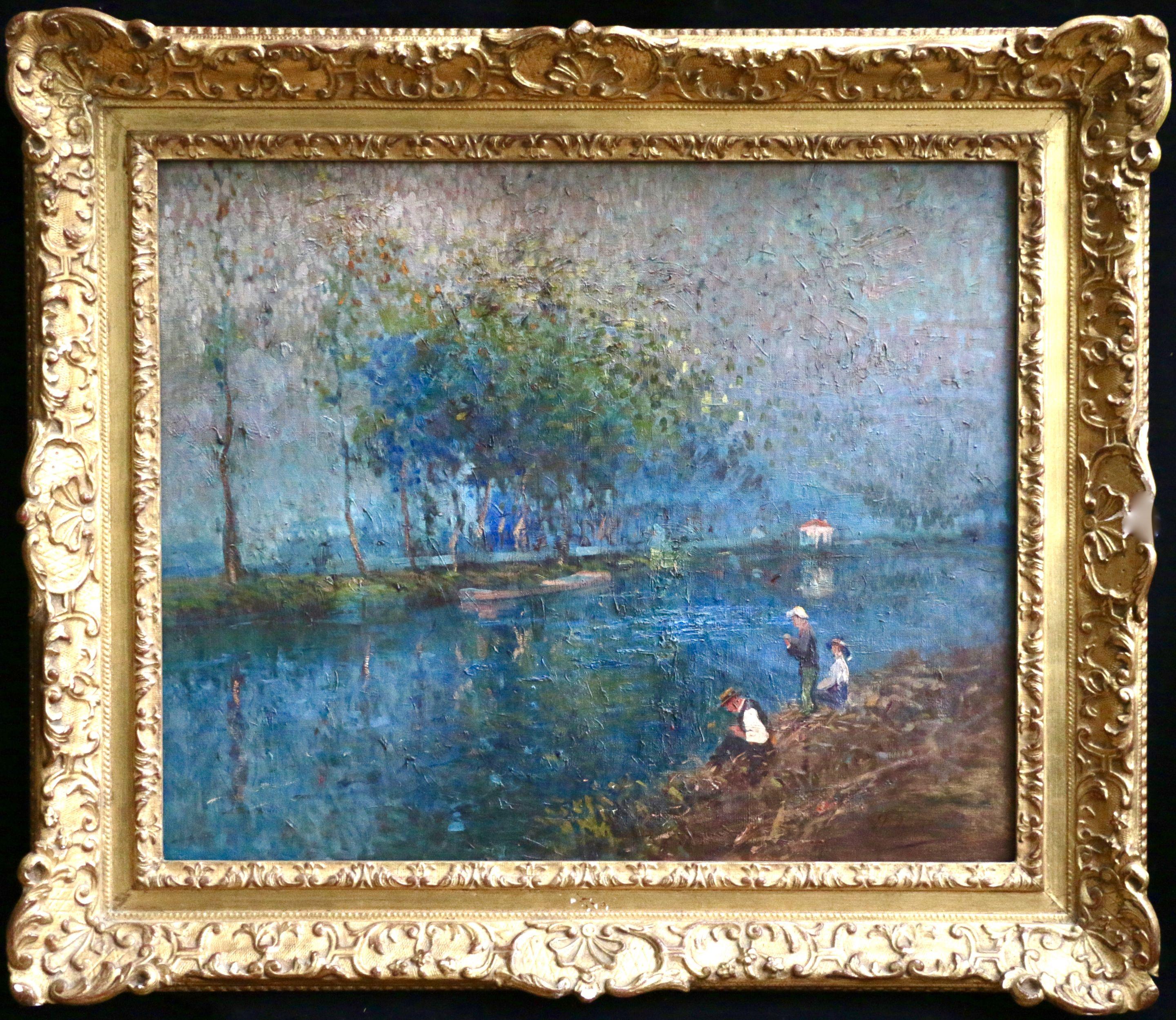 Elie Anatole Pavil Figurative Painting - On the River - 19th Century Oil, Figures & Trees on Bank of River by Elie Pavil