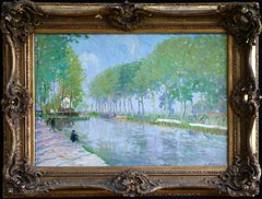 On the Seine - 19th Century Oil, Figures & Trees by River Landscape by E A Pavil