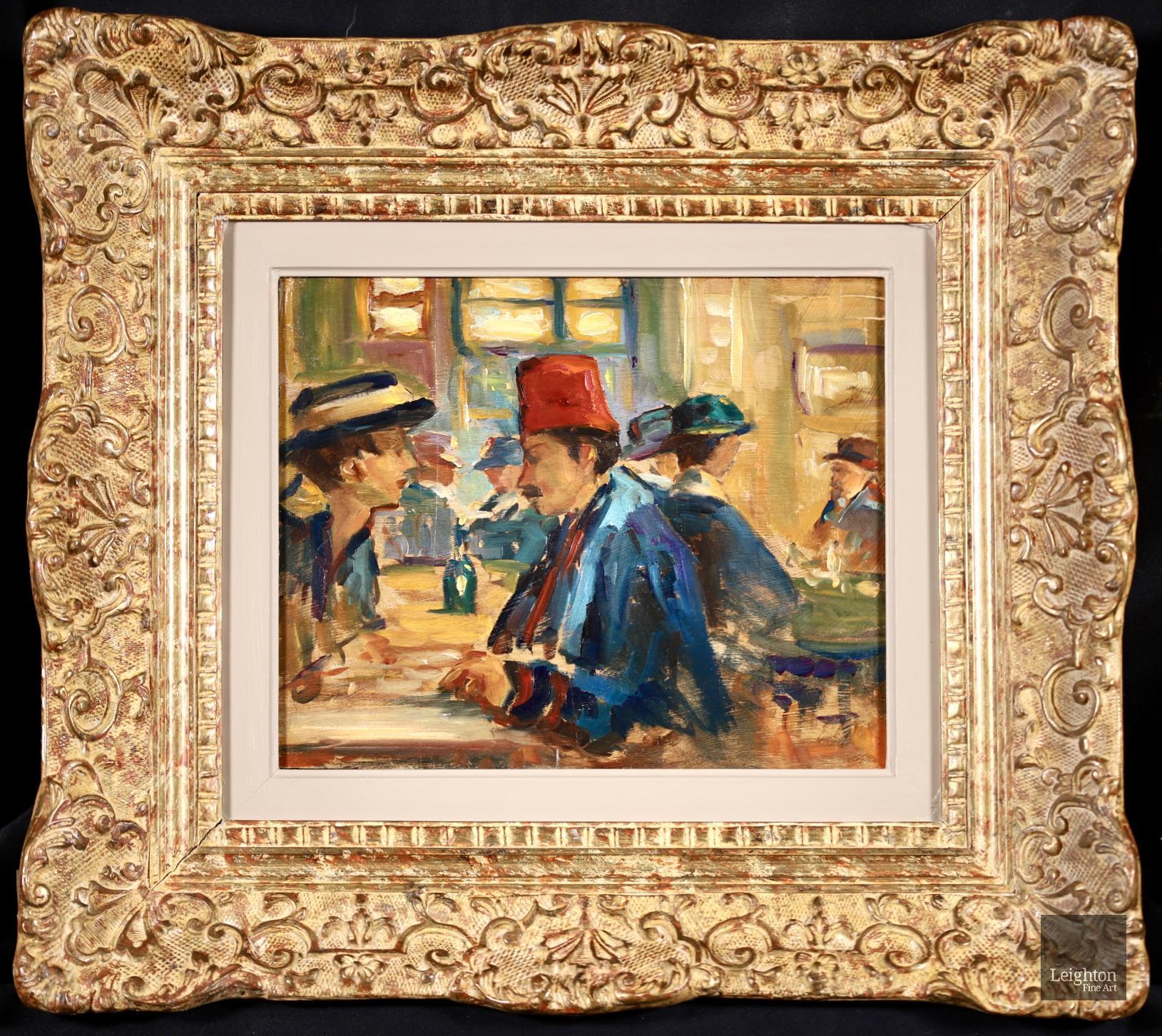 Romance au Cafe - Morocco - Impressionist Oil, Figures in Interior by Elie Pavil - Painting by Elie Anatole Pavil
