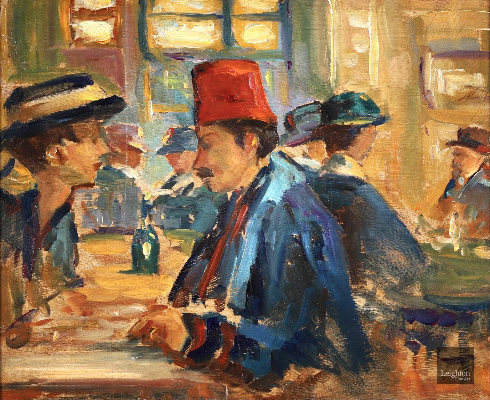 Elie Anatole Pavil Interior Painting - Romance au Cafe - Morocco - Impressionist Oil, Figures in Interior by Elie Pavil