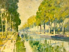 Signed Impressionist Oil Painting Fishermen Banks Green Canal Poplar Trees