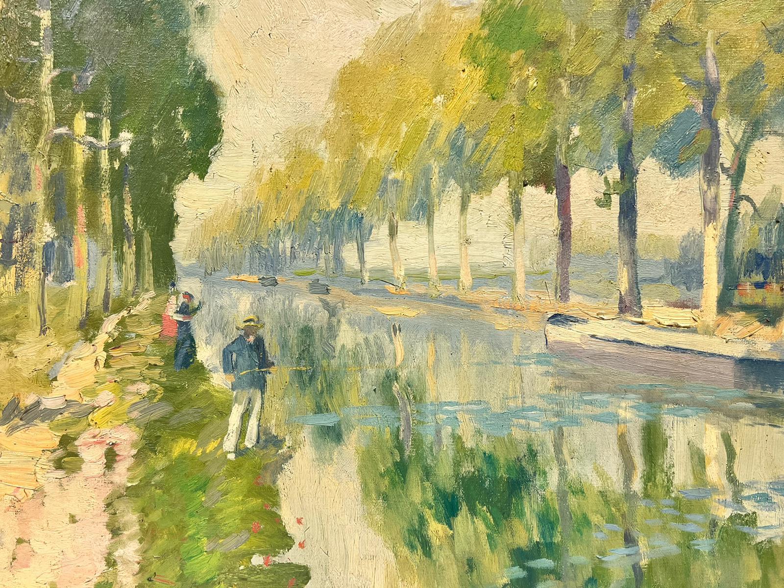 Impressionistisches Ölgemälde, Fischerbänke, Grüne Kanalpflanzgefäße, signiert (Impressionismus), Painting, von Elie Anatole Pavil