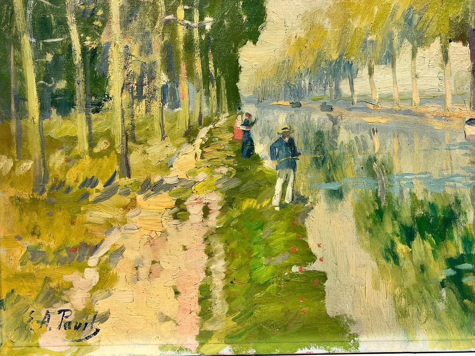 Signed Impressionist Oil Painting Fishermen Banks Green Canal Poplar Trees For Sale 1