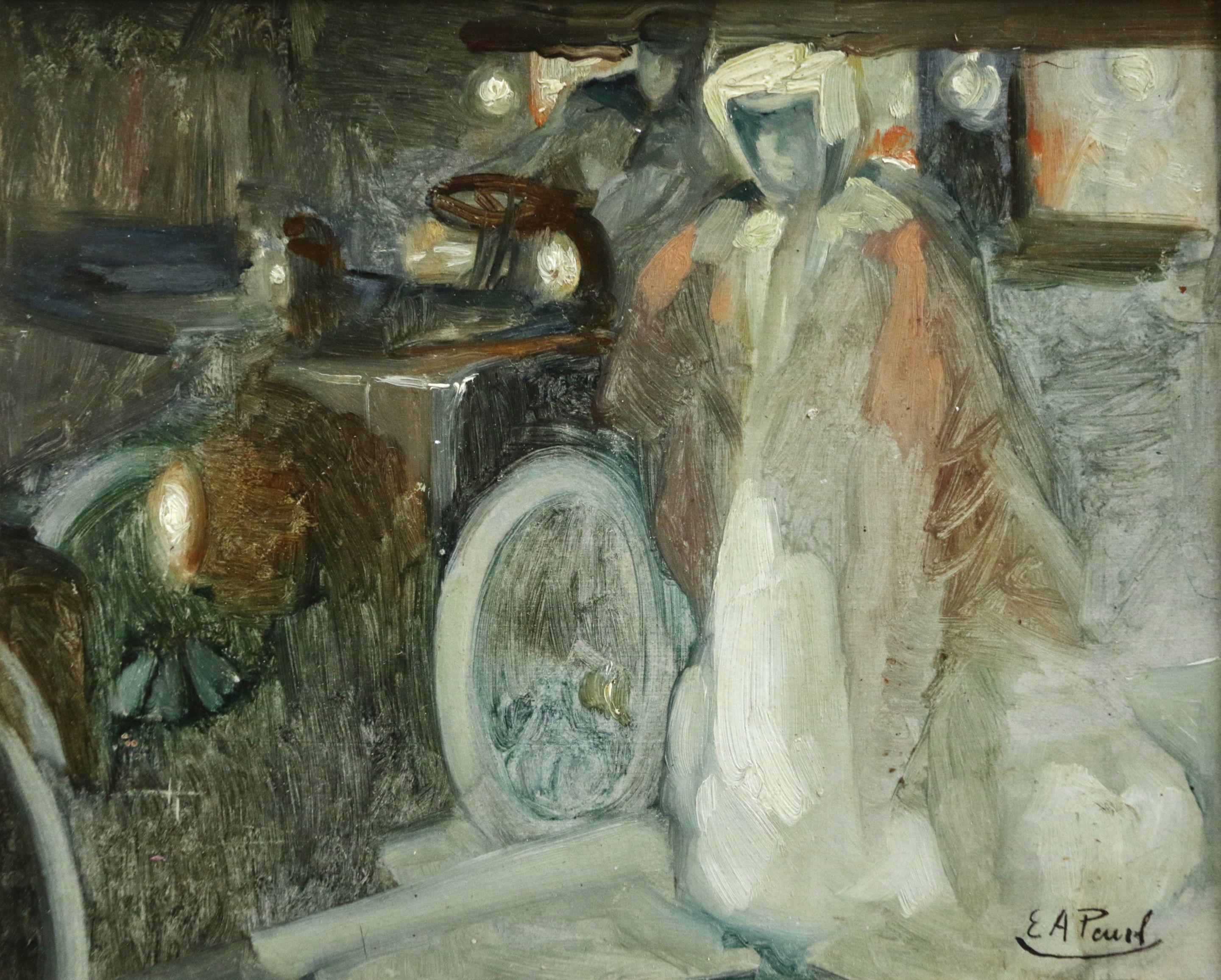 Figurative Painting Elie Anatole Pavil - « The Escort - 19th Century, Figures & Motor Vehicle in Street at Night » par E Pavil